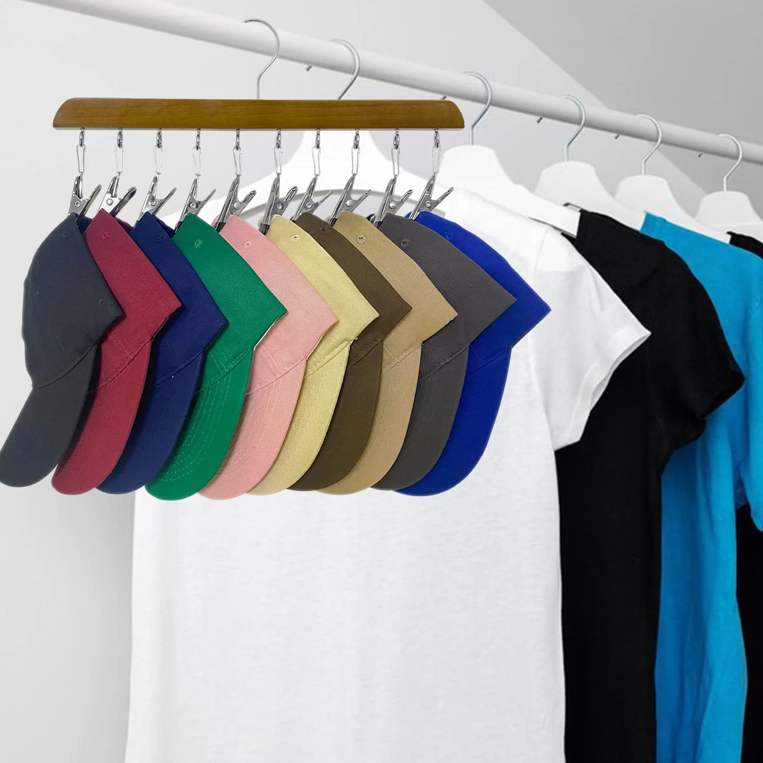 Set di 2 organizzatori per cappelli in legno per armadietto, portacappelli per cappellini da baseball, con 10 clip regolabili in acciaio inox, per cappellini da baseball, adatto a tutti
