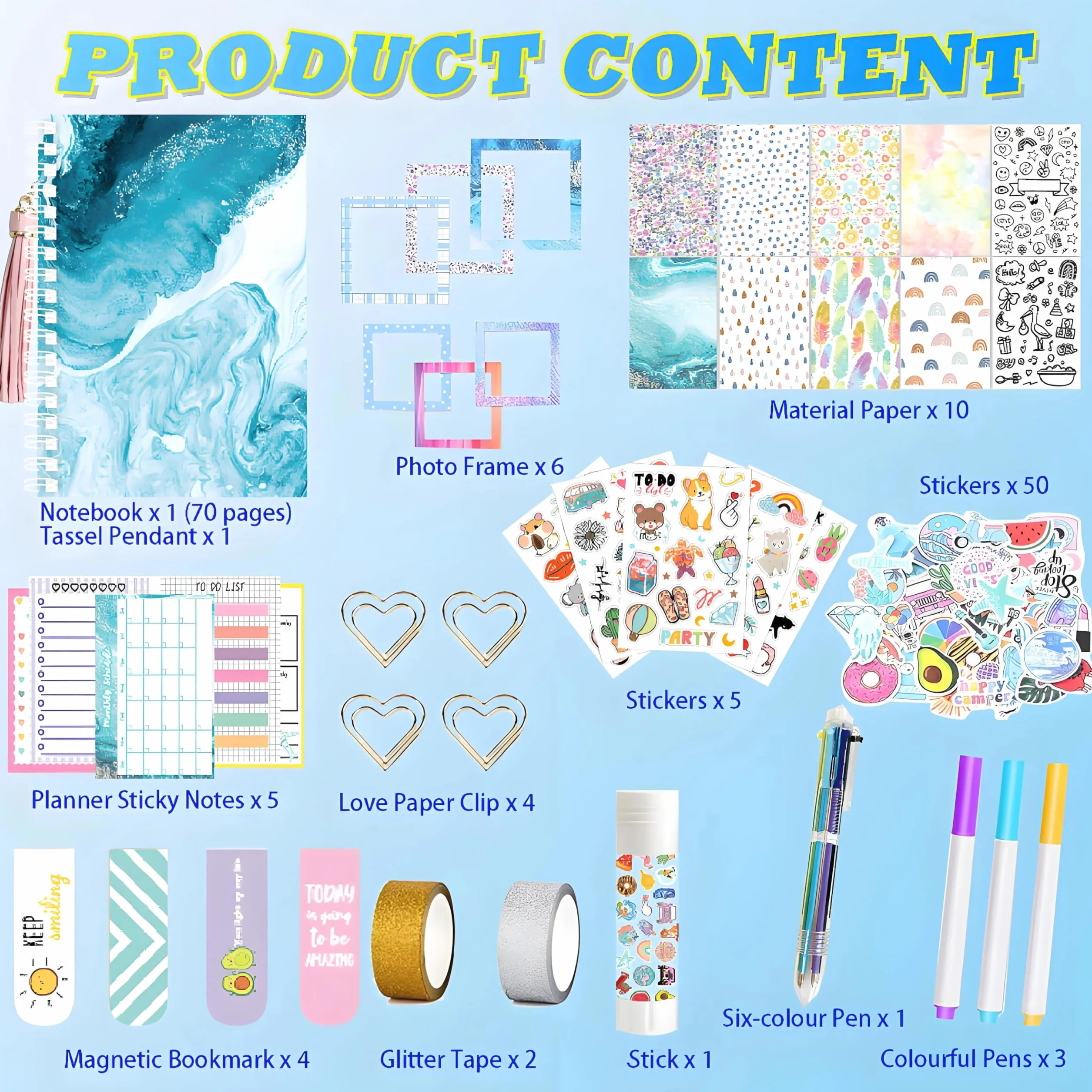 ROEOWENE 153PCS Scrapbooking Kit Stickers Journal DIY Scrapbooking Adesivi Vintage Notebook Aesthetic Accessori Junk Journaling Diario Regalo per Donne Adolescenti Compleanno Natale-Blu