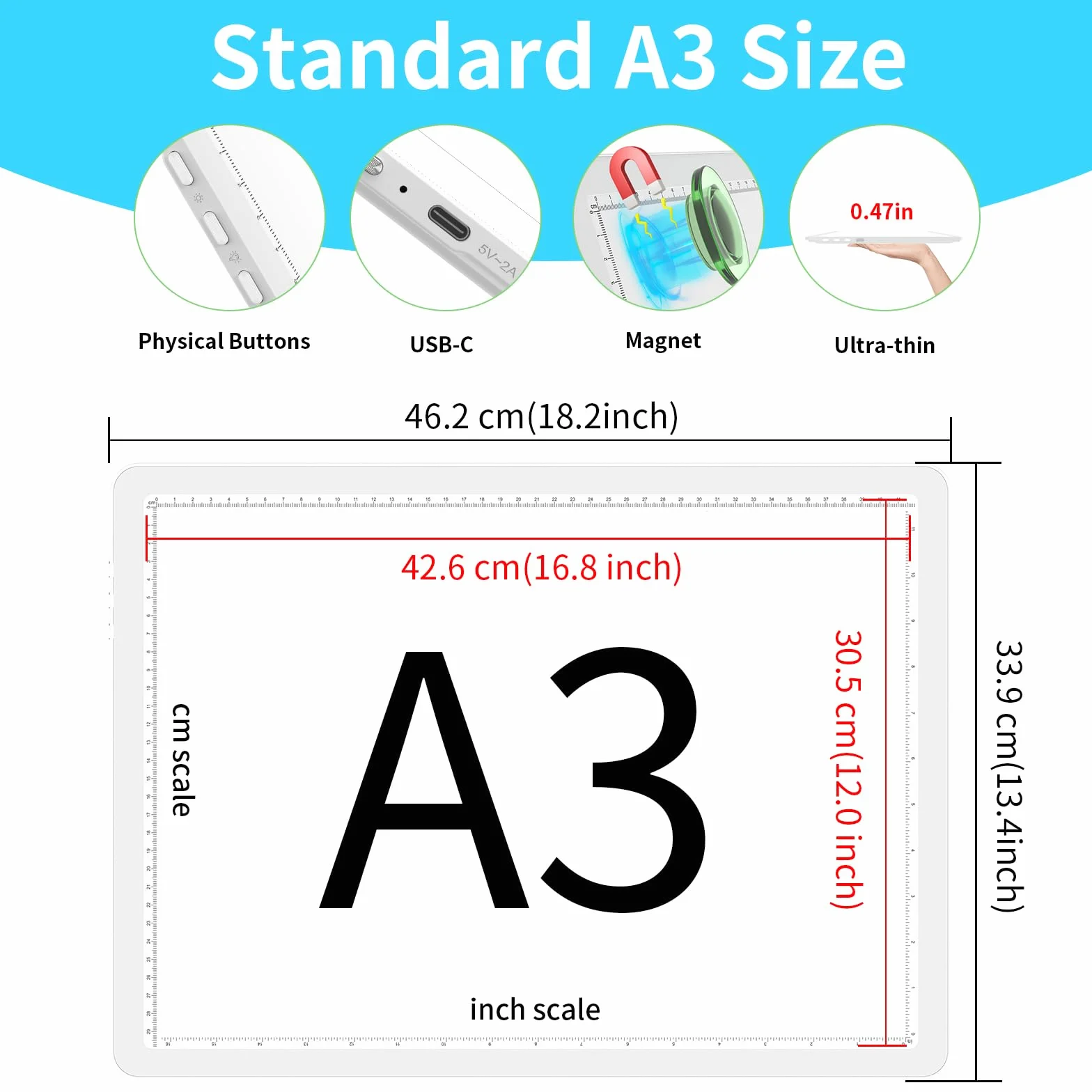 Phylosal Blocco luminoso ricaricabile A3 LED con supporto integrato, scatola luminosa magnetica per disegno, lavagna luminosa con pulsante laterale, tavolo luminoso super luminoso per pittura con