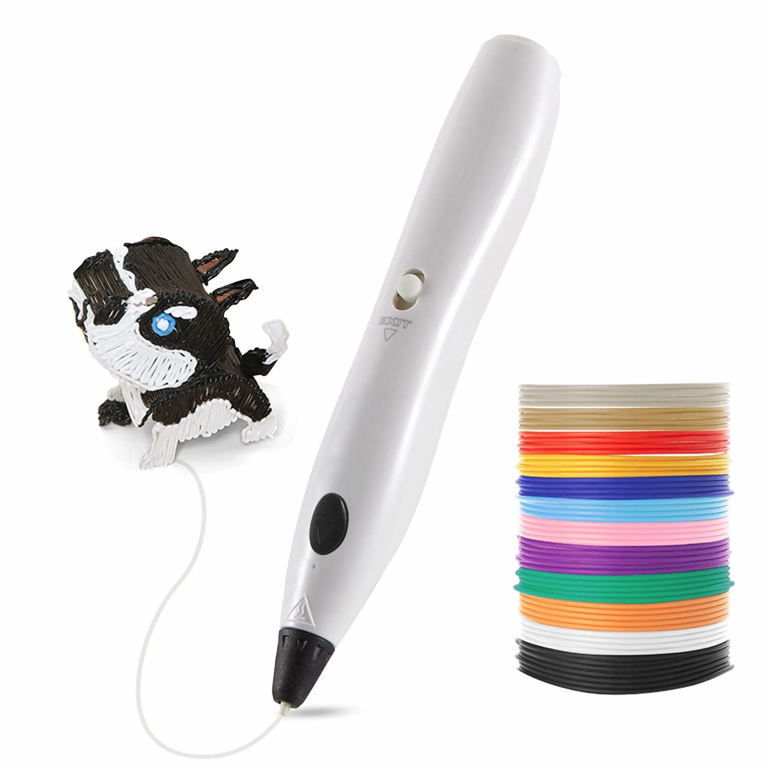 RPC200B - Set di penna 3D (versione a bottone), con filamento PLA a 12 colori, protezione per le dita, stencil da disegno, compatibile con filamento PLA e fai da te (bianco)