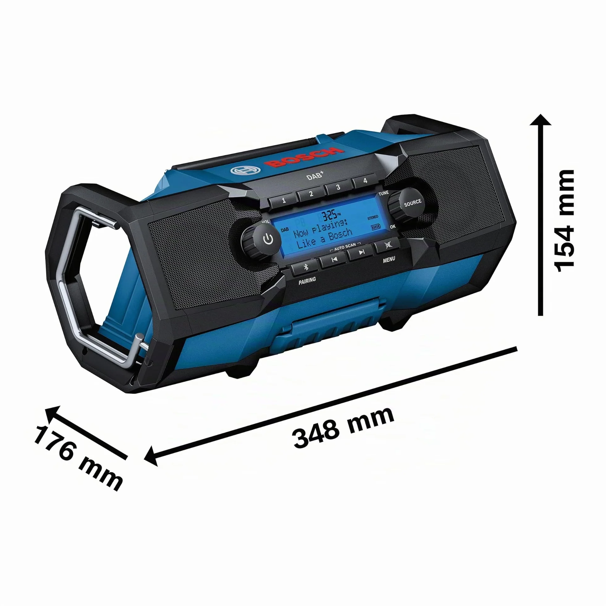 Bosch Professional 18V System Radio da cantiere a batteria GPB 18V-2 SC (ricezione tramite DAB+, Bluetooth, FM e AUX, incl. 1 alimentatore, 1 cavo AUX, 1 batteria a bottone al litio da 3V CR2032)