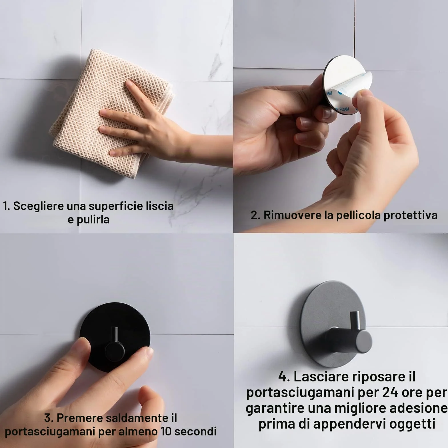 Feligio Ganci Adesivi Bagno 4 Pezzi, Acciaio Inox 304, Appendi Accappatoio, Nero