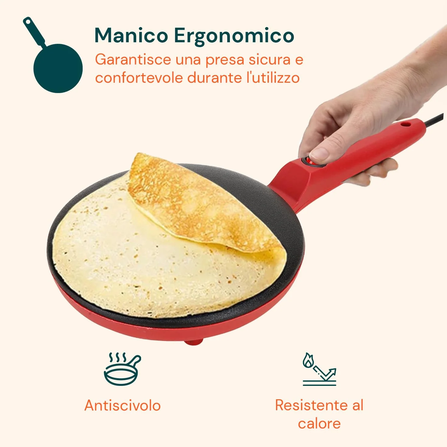 Wintem Yummi Crepiera Elettrica ad Immersione 600W - Set Completo con Ciotola e Frusta - Piastra Antiaderente Ø 20 cm - Macchina per Crepes Sottili, Pancake e Tortillas - Facile da Pulire - Rossa