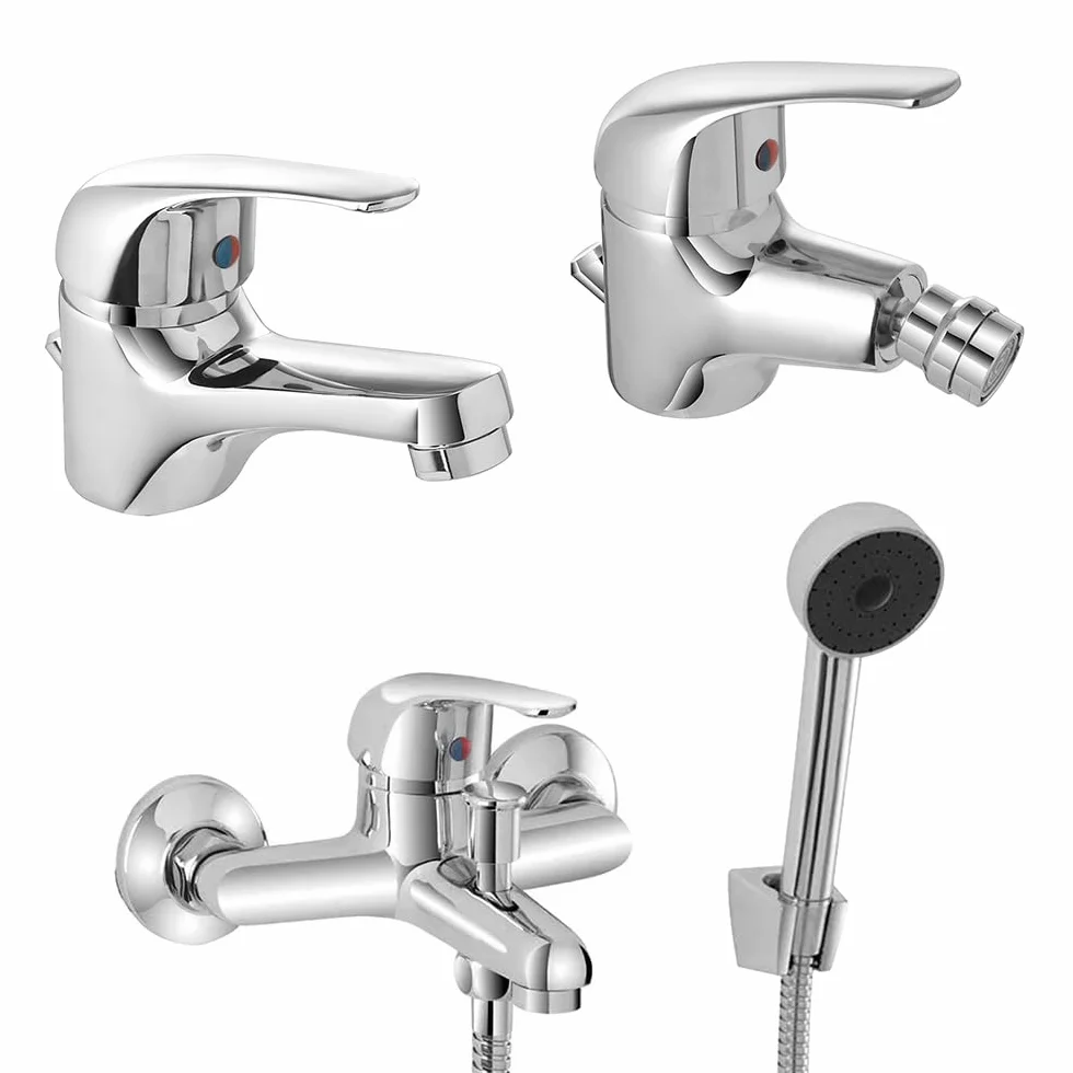 Set rubinetti bagno in ottone cromato lavabo bidet e vasca con kit doccia, scarico automatico incluso per lavabo e bidet, serie KANT