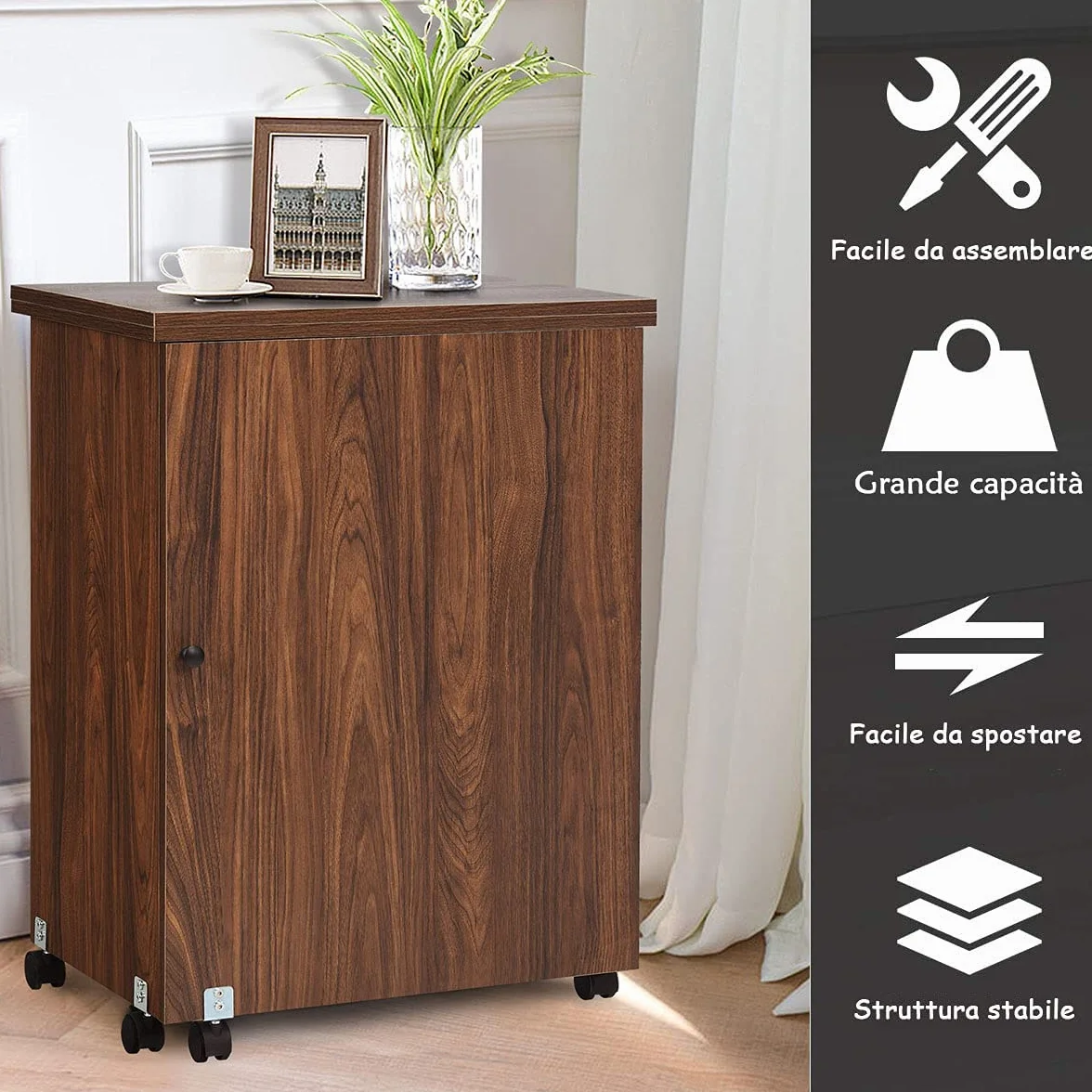 RELAX4LIFE Mobiletto per Macchina da Cucire Pieghevole su Ruote Bloccabili, Tavolo da Cucito in Legno con Ripiani Portaoggetti, Tavolino Cucito Multiuso da Studio e Salotto, 117,5x 40x 77cm (Marrone)
