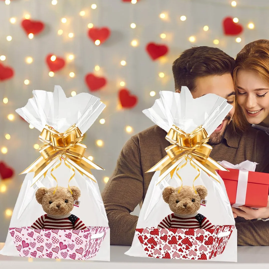 Set di Sacchetti Grandi in Cellophane per Cesti Regalo, 5 Pezzi, Inclusi 5 Fiocchi e Lacci, Trasparenti per Confezioni e Bouquet Natalizi, Cellophane Trasparenti per Regali (50 x 70 cm)