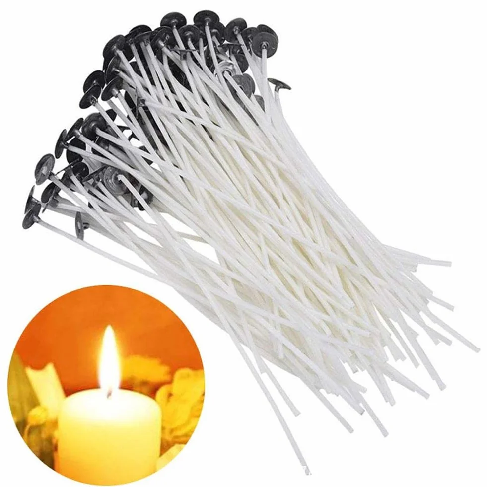 100 stoppini per candele in cotone naturale, commestibili per uso alimentare, con linguette di supporto in metallo, per realizzare candele a colonna e fai da te (10 cm)