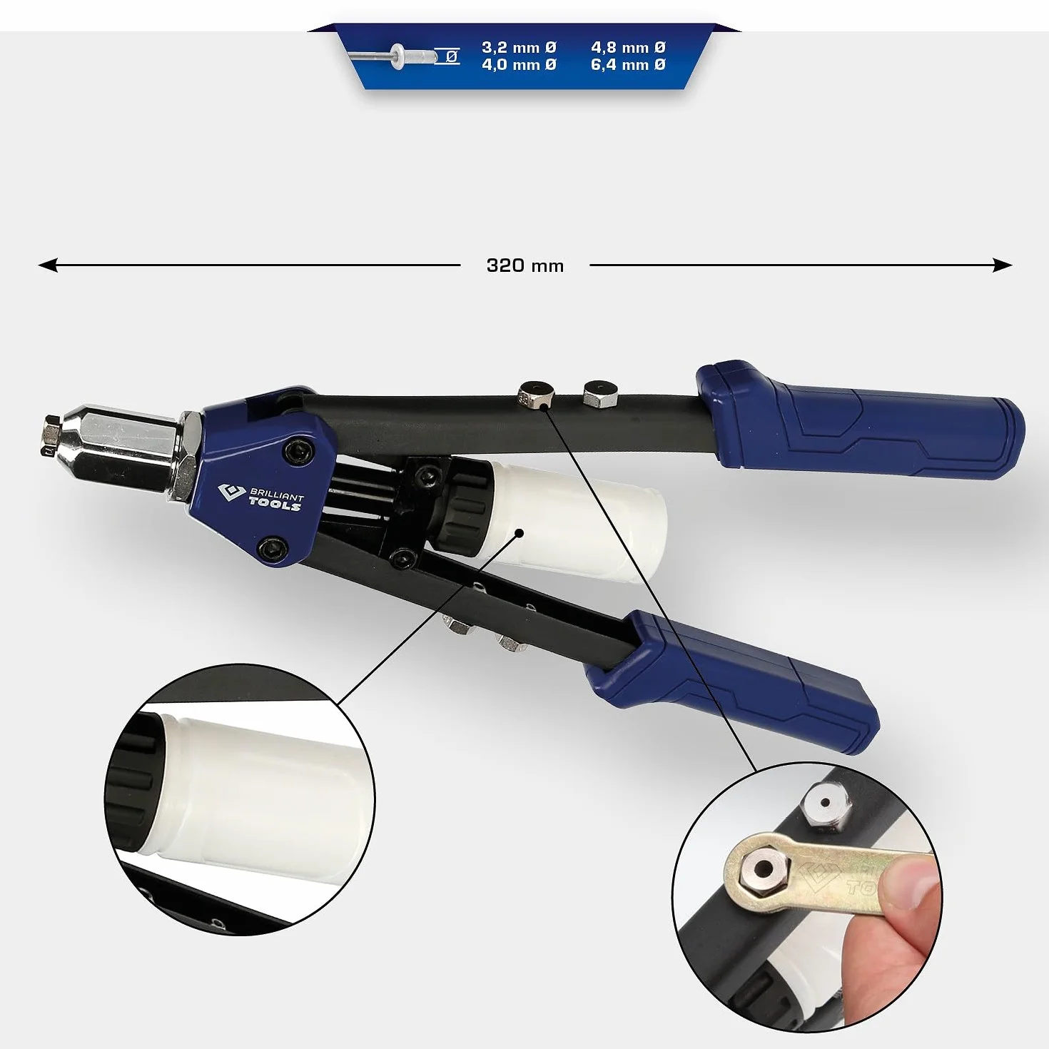 BRILLIANT TOOLS BT066900 Rivettatrice manuale per rivetti Ø 3,2-4,8-6,4 mm