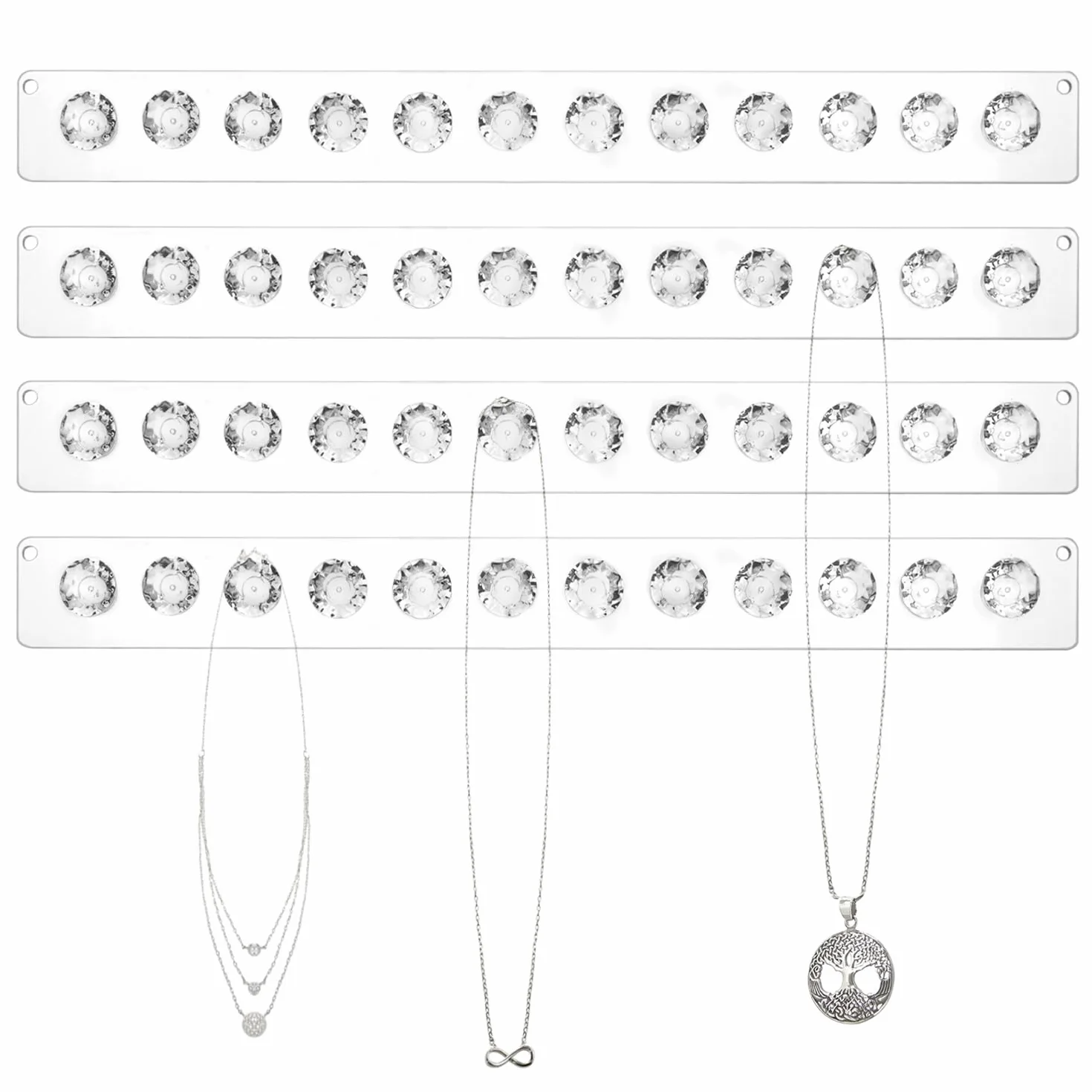 QWORK Confezione da 4 grucce per collane in acrilico con 12 ganci a forma di diamante, organizer per gioielli da parete trasparente