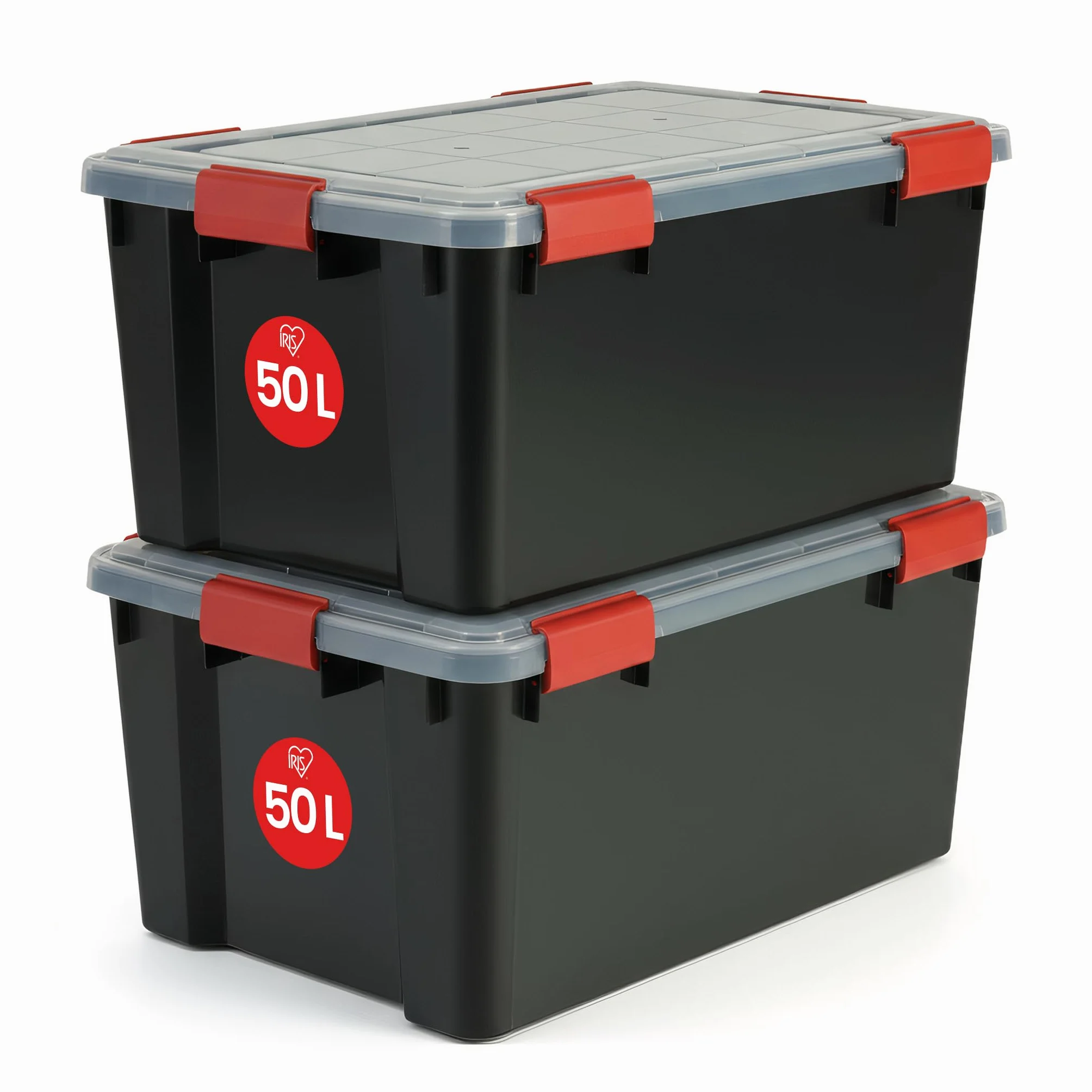 Iris Ohyama, Scatole Portaoggetti Ermetiche in Plastica, 50L, Set di 2, Nero, Coperchio Impermeabile, con Chiusura, Impilabile, Per Esterni, Garage, Vestiti, Antipolvere, Senza BPA, AT-L