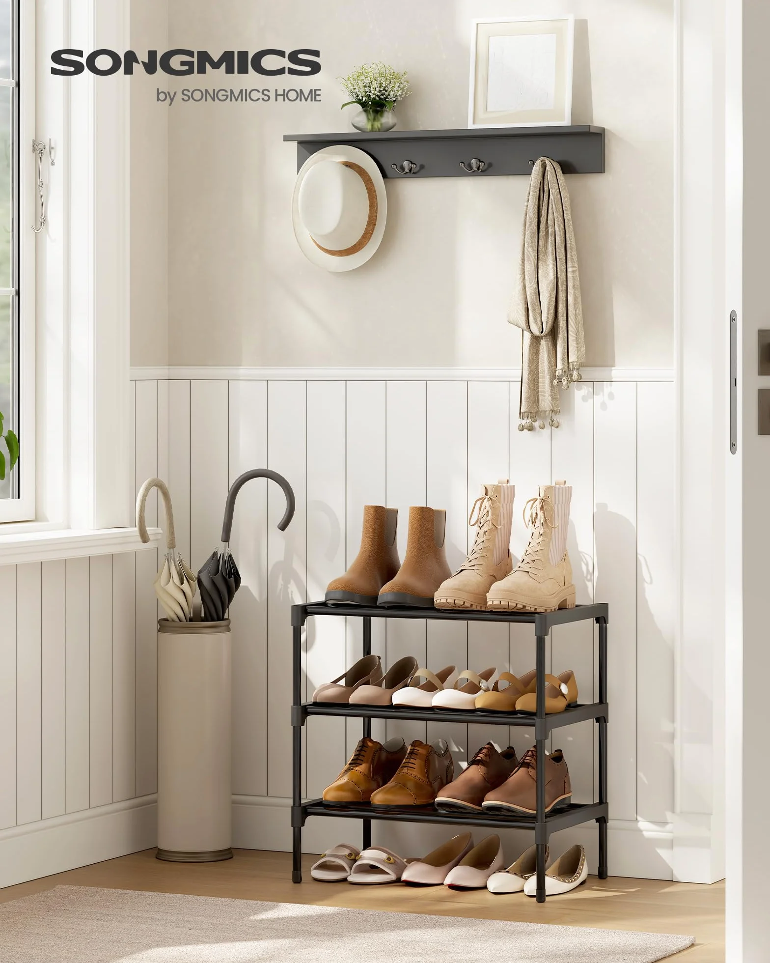 SONGMICS Scarpiera, 3 Ripiani, Scarpiera Ingresso Slim, Organizer per Scarpe, Metallo, Soggiorno Armadio, Impilabile, 30 x 45 x 48,5 cm, Nero LSA113BH01