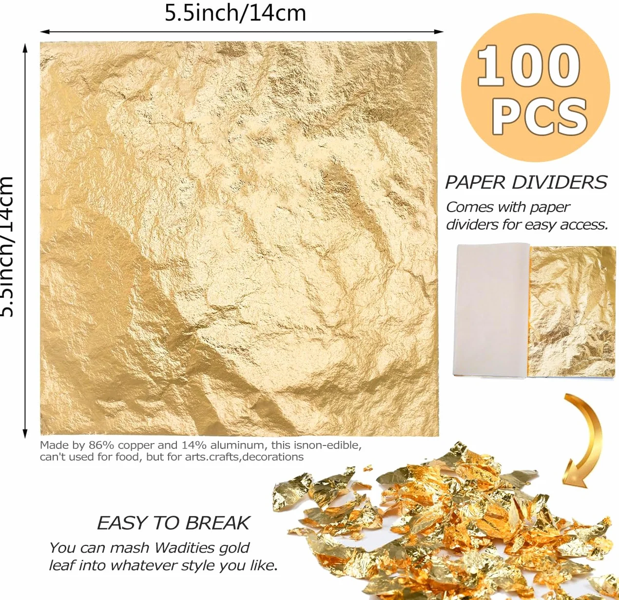 Wadities Fogli di foglia d'oro - 100 fogli di lamina d'oro - 14 x 14 cm Foglia d'oro multiuso per unghie, progetti artistici e fai-da-te, pareti domestiche, interni e decorazioni artistiche multiple