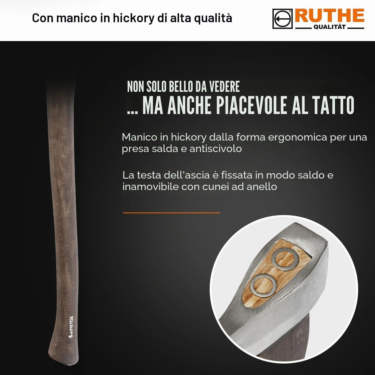 RUTHE Ascia spaccalegna 1.250g | Ascia da spacco in acciaio forgiato | Accetta professionale con manico in legno di hickory | Scure spaccalegna da 1.250 g