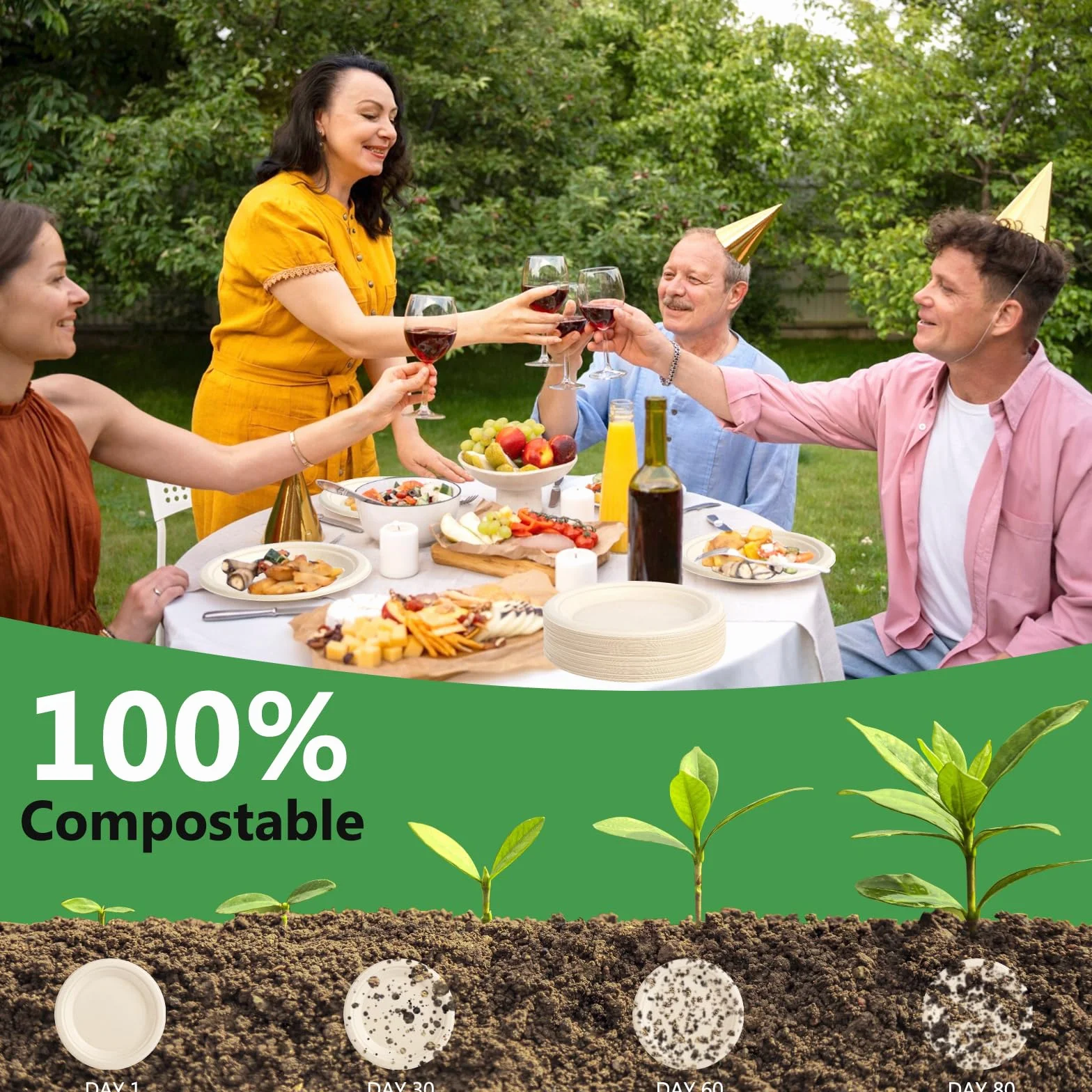 Piatti di Carta 100 Pcs Biodegradabili Compostabili 15.2 cm per Festa Campeggio