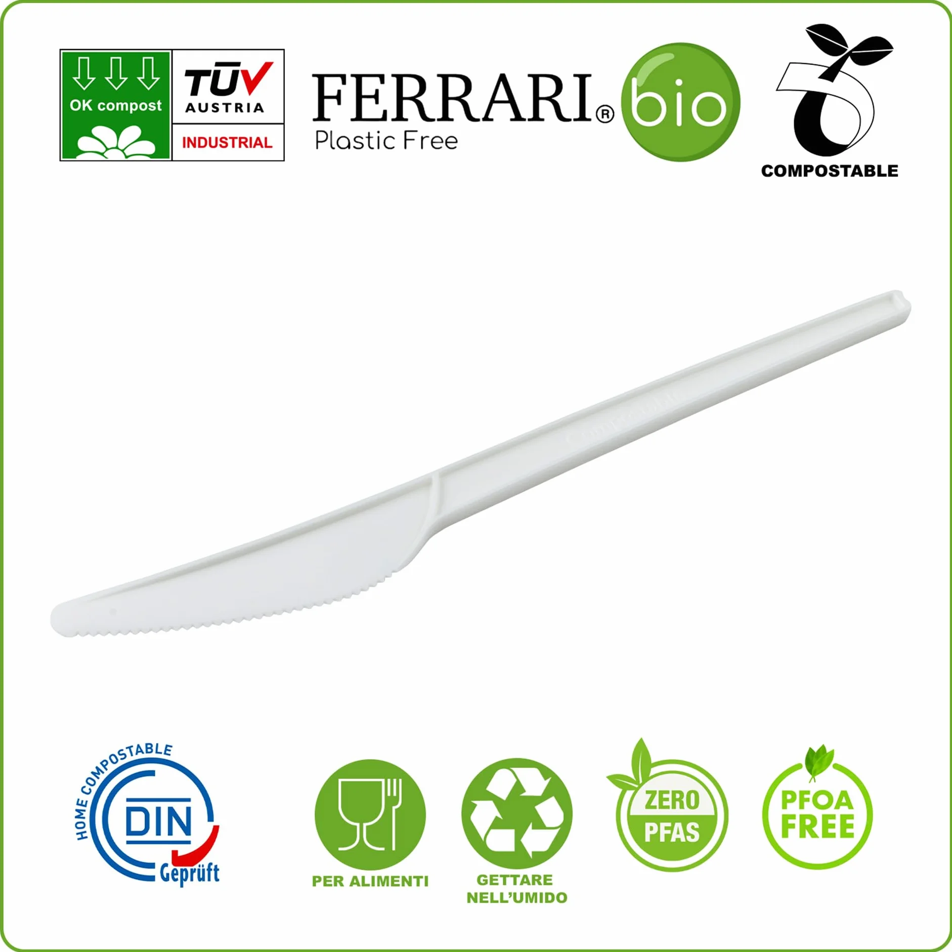 Ferrari Bio Coltelli Imbustati CPLA 165 mm 100 Pezzi Posate Compostabili