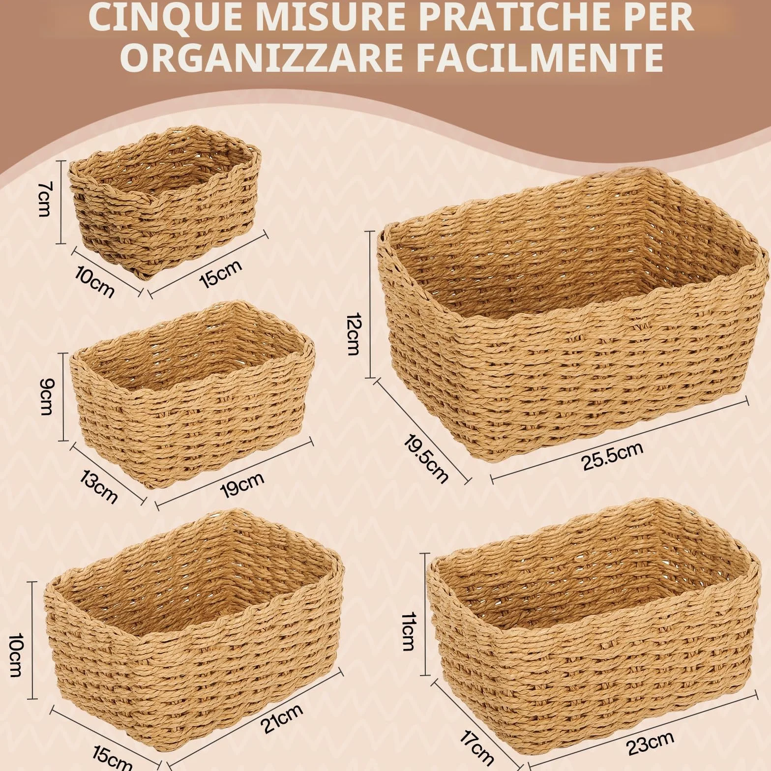 Set di 5 Cestini Portaoggetti Intrecciato in Corda di Carta, Impilabile, Organizer per Cameretta Salotto Ufficio