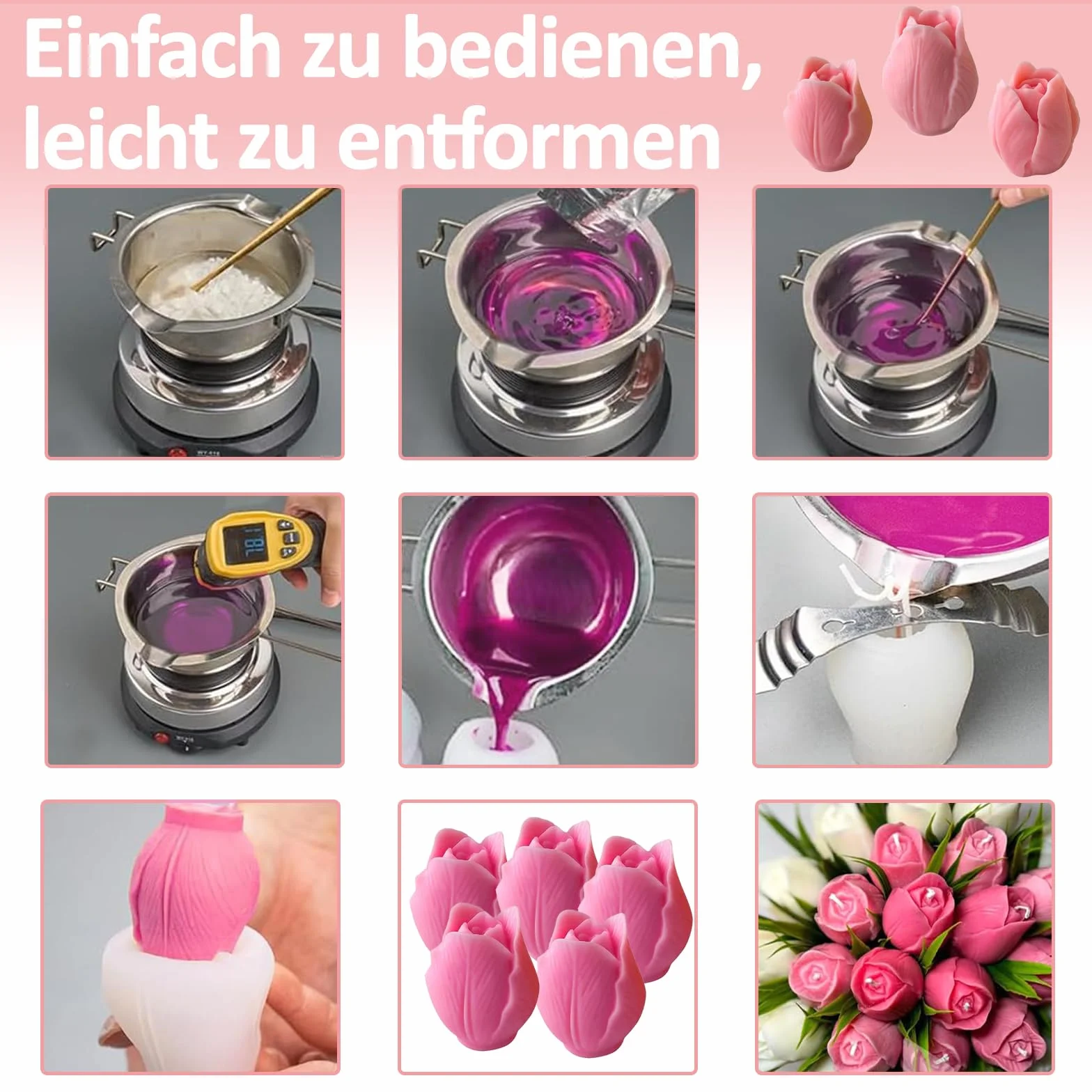 Stampi in Silicone per Candele, 3 Stampo Tulipano per Candele, 3D in Stampi Cera Tulipano, Confezione da 2 Stampi in Silicone a Forma di Tulipano, per Sapone, Gesso, Cioccolato