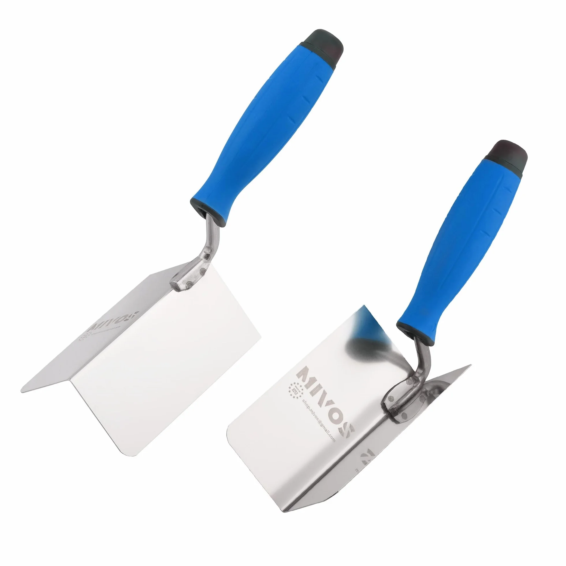 Mivos 2x Cazzuole Angolari Antiruggine 120 x 60 mm - Cazzuola Angolare Interna ed Esterna in Acciaio Inox - Cazzuola per Bordi Interni ed Esterni con Impugnatura Morbida - Spatola Angolare per Stucco