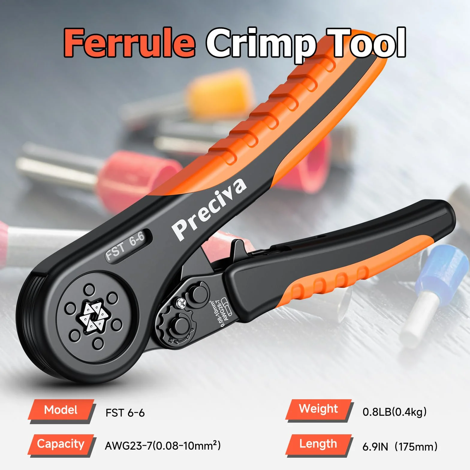 Preciva Pinza Crimpatrice Esagonale Autoregolante a Cricchetto, Pinza Elettricista per Terminali e Manicotti, 0,08–10 mm², per Estremità Cavi Elettrici