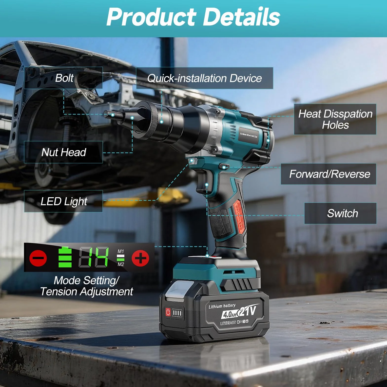 Yofuly Rivettatrice per Inserti Filettati a Batteria Compatibile Makita 18V con 2 Batterie 4.0Ah, M6 M8 M10