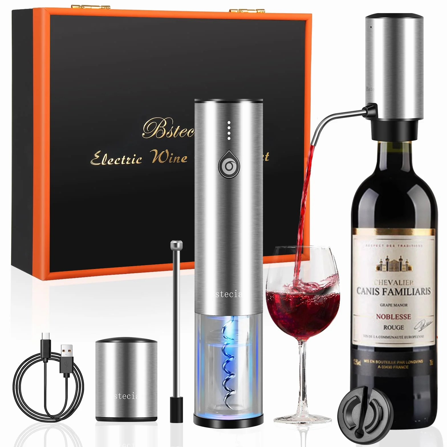Cavatappi Professionale Elettrico per Vino, Apribottiglie Elettrici 4 in 1 Set con Apribottiglie Ricaricabile, Versatore Automatico per Vino, Taglierina per Lamine, Tappi Sottovuoto