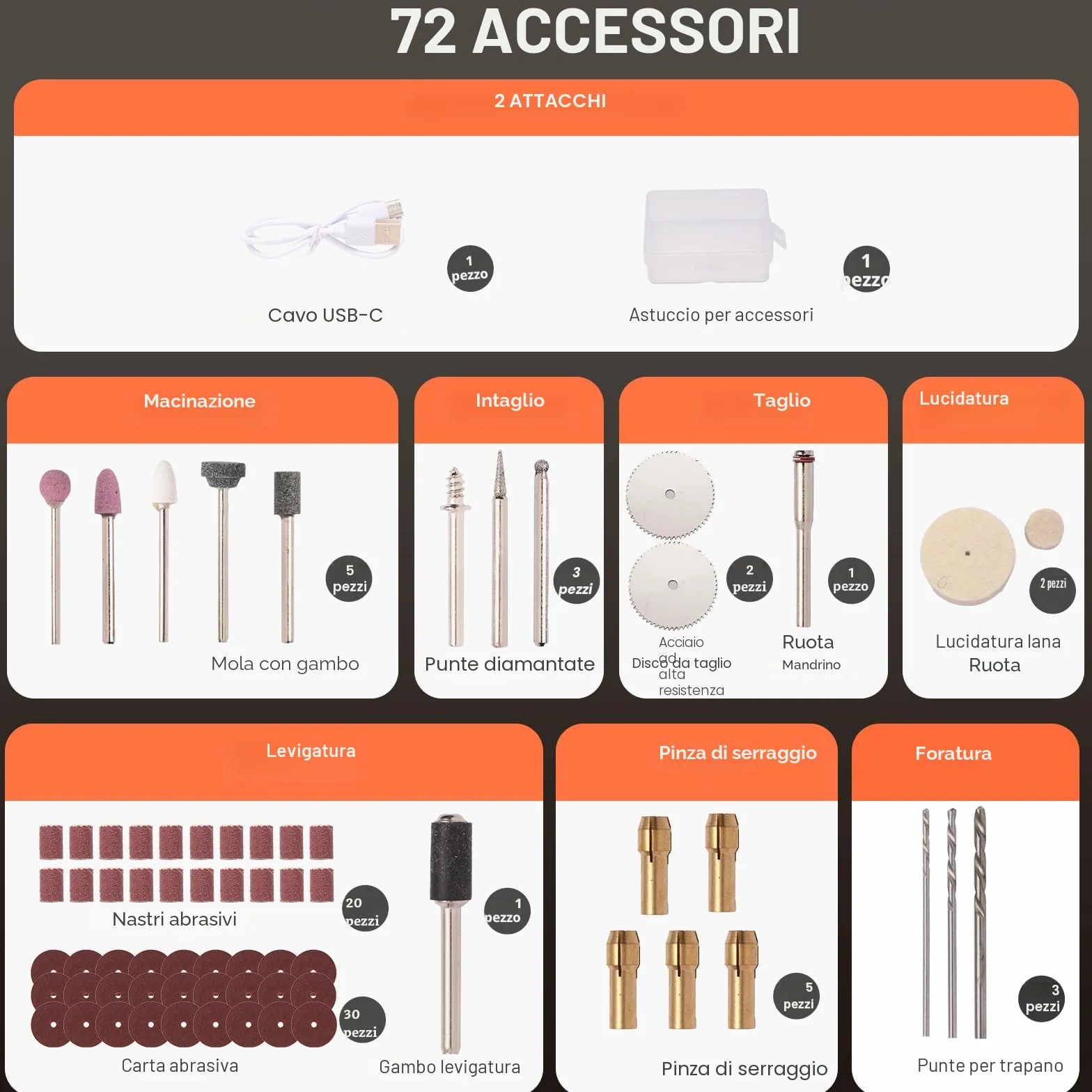 Mini utensile rotante senza fili, kit smerigliatrice 5 velocità con 72 accessori, luce LED, ricarica tipo C