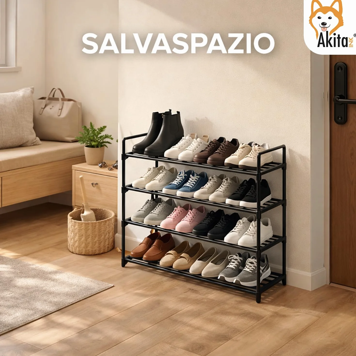 AKITAInk Portascarpe 4 Ripiani in Metallo, Scarpiera Salvaspazio per 20 Paia, Struttura Robusta, Nero 65,5x29,5x72 cm