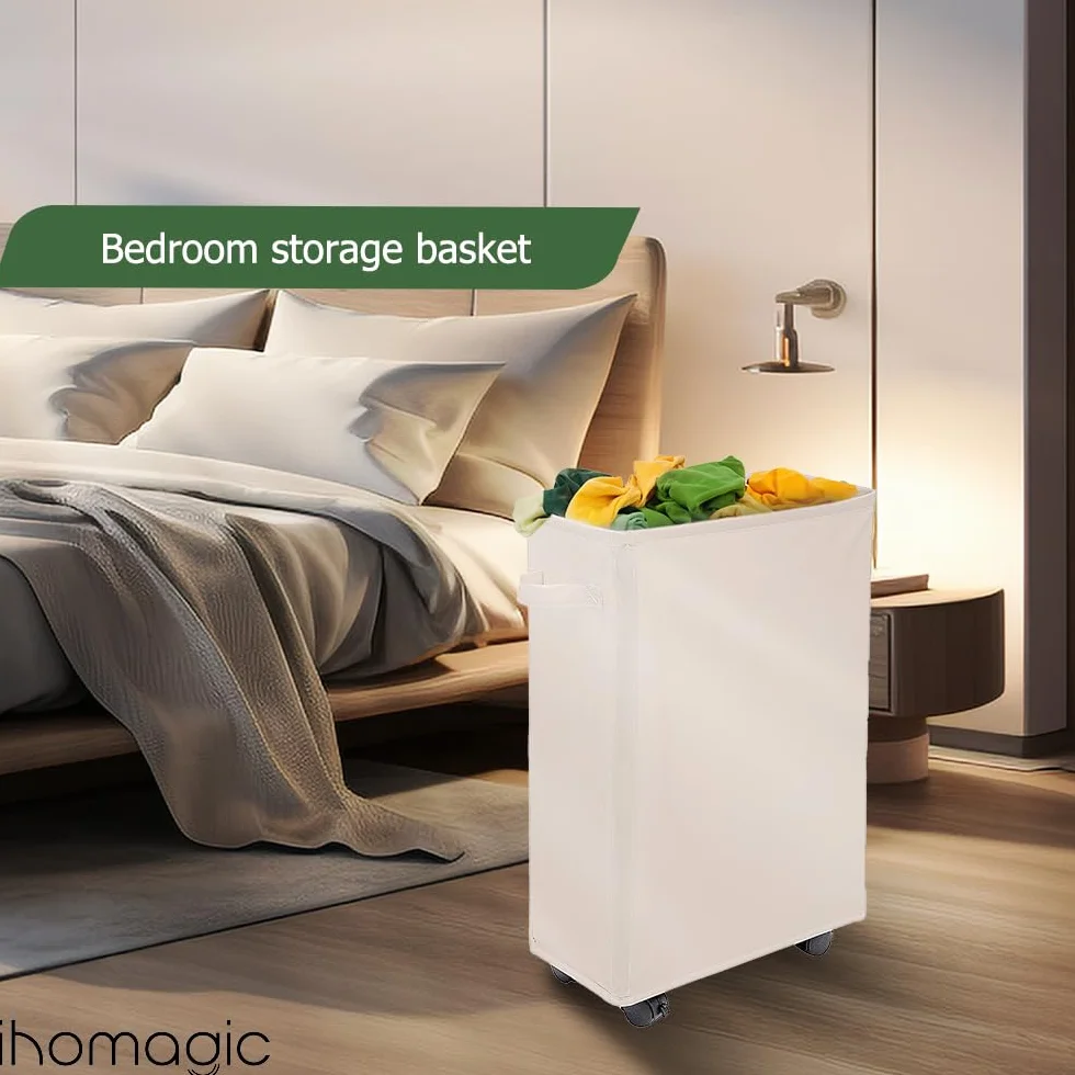 Cesto della Biancheria con Ruote 40L - Cesta del Bucato Sottile Pieghevole, Cesto Portabiancheria Rettangolare in Piedi, Sottile Secchi per La Biancheria per Hotel, Deposito Familiare (Beige)