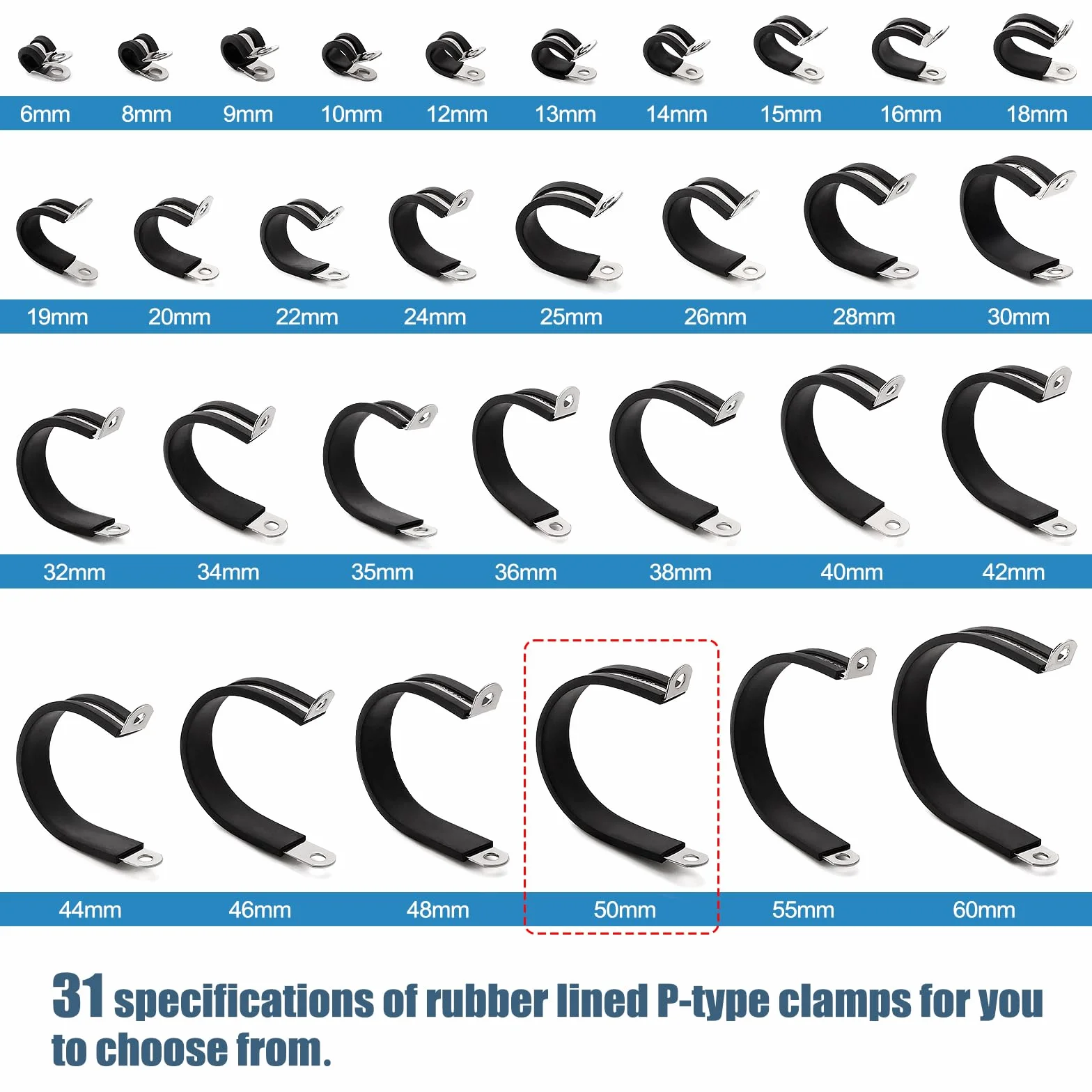 6 Pezzi 50mm Fascette Stringitubo in Gomma, Clip a P Rivestite in Gomma, Morsetto a P in Acciaio Inox 304, per Fissare Tubi e Cavi