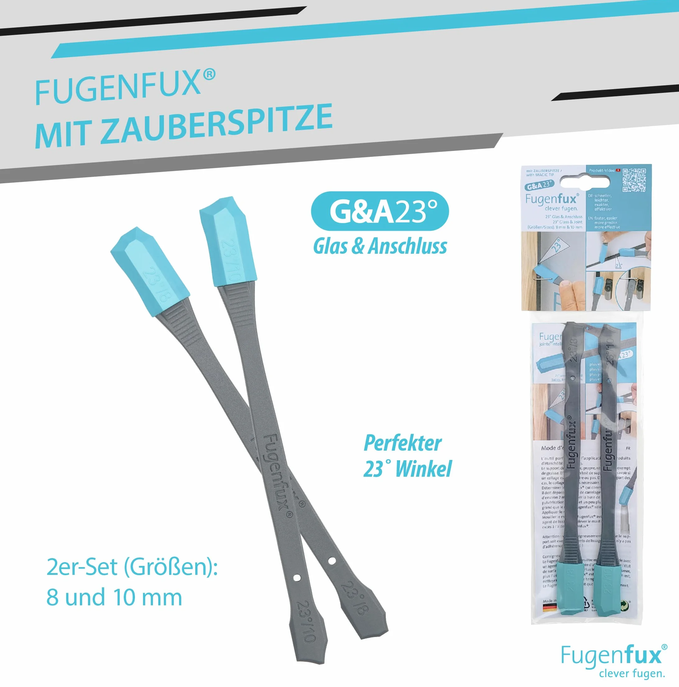 FUGENFUX® G&A 23° vetro e giunti di collegamento, estrattore per fughe piatte, set da 2 con dimensioni da 8 mm e 10 mm, punta magica rivoluzionaria per punti stretti