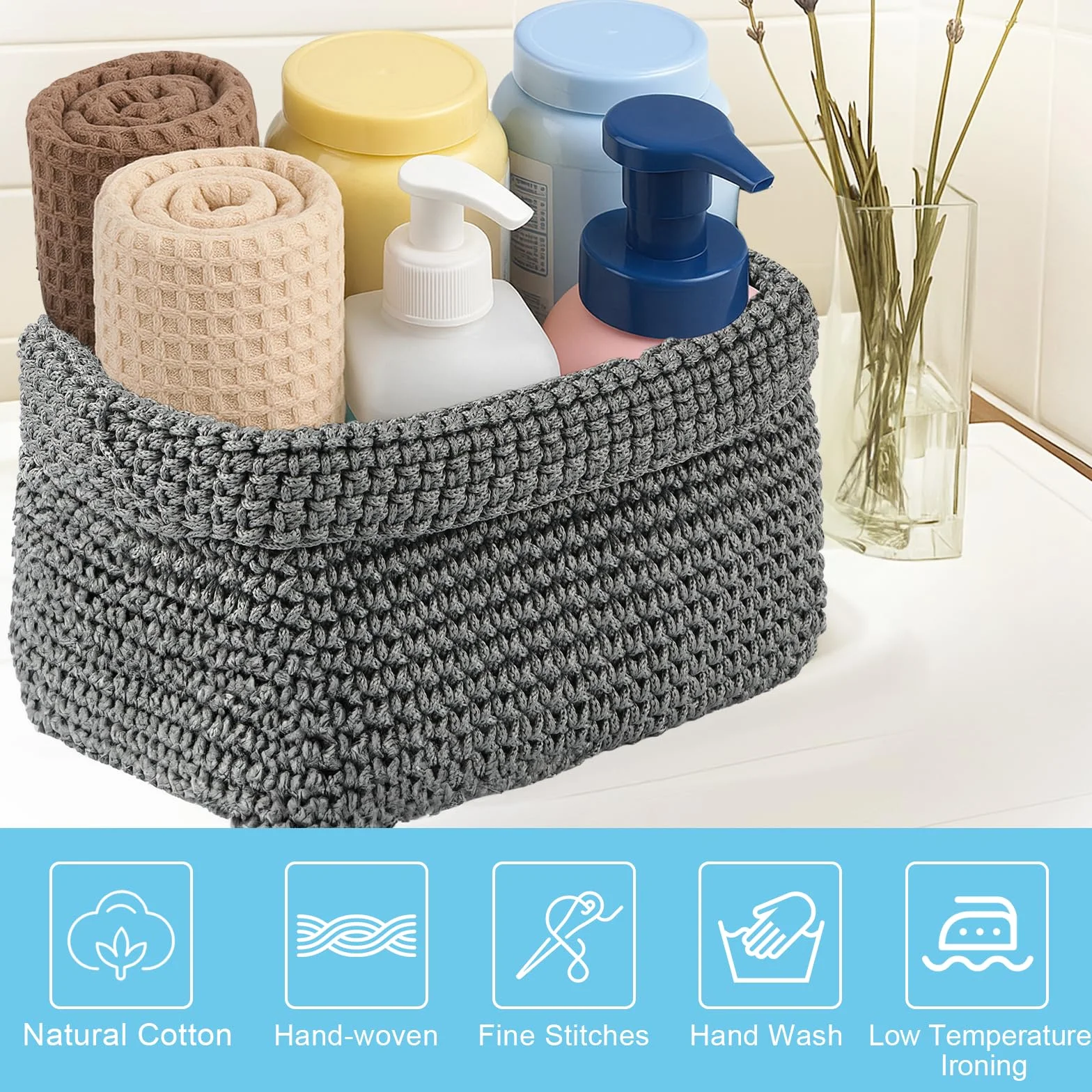 Neerow Cesto portaoggetti grigio intrecciato a mano in corda di cotone, elegante cestino per la decorazione del bagno, cestino per asciugamani per asciugamani, cosmetici, giocattoli e libri (21 × 13 ×