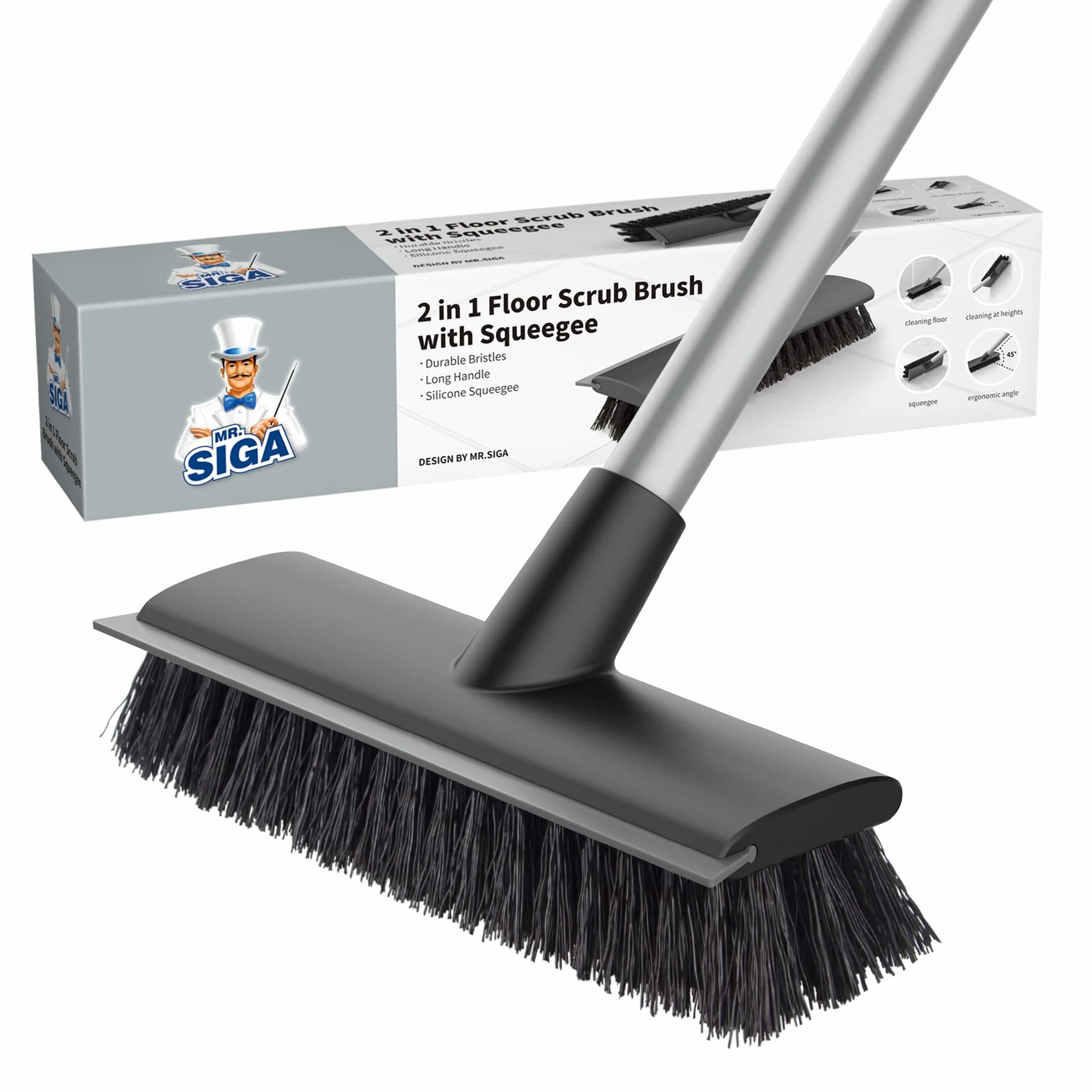 MR.SIGA lavapavimenti con manico lungo, spazzola 2 in 1 con tergipavimento ad acqua per la pulizia di piastrelle, terrazze, bagni, piscine e terrazze, lavapiastrelle con setole rigide