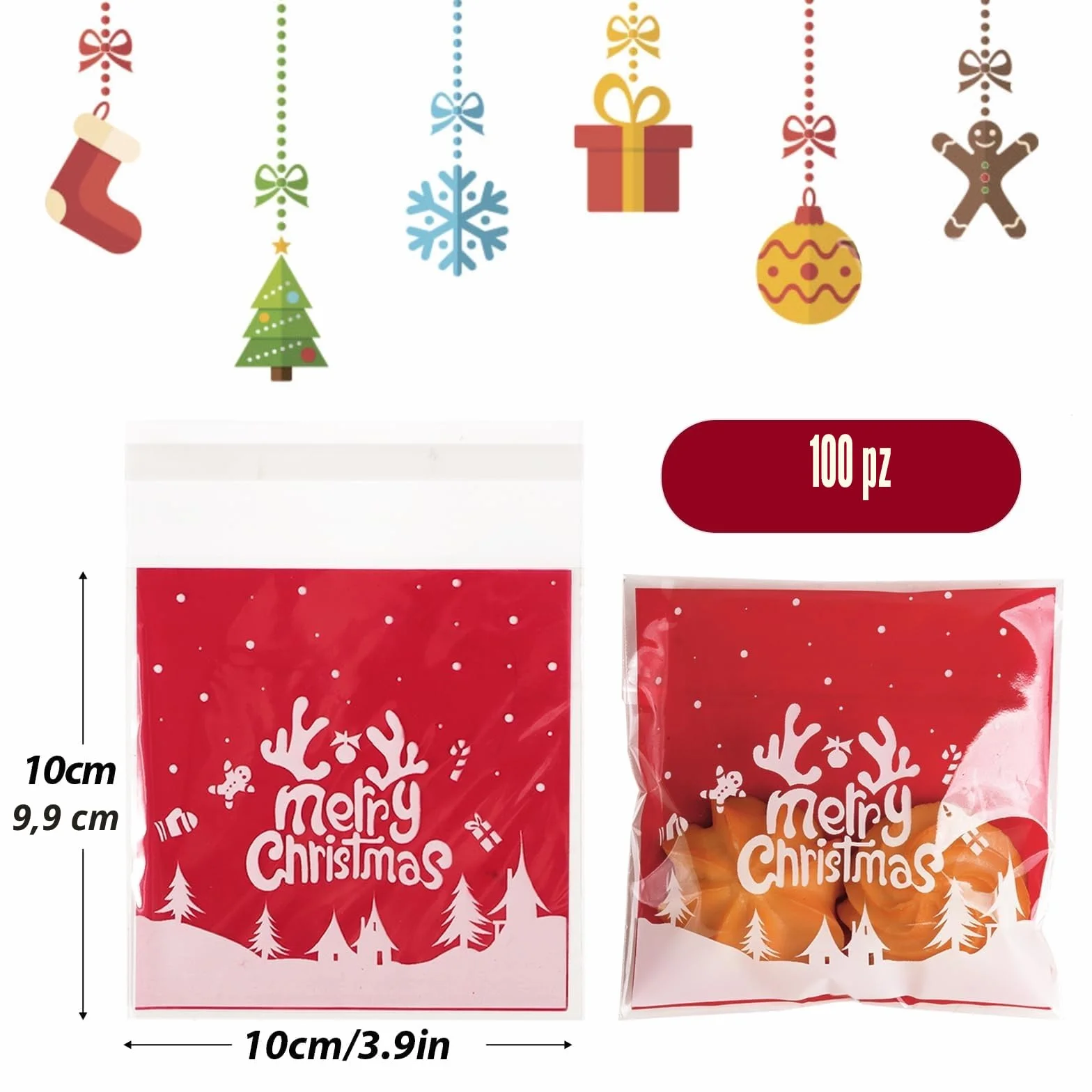 100Pz Sacchetti Natalizi Autoadesivi Sacchetti Cellophane Trasparenti Plastica Sacchetti da Regalo Natale Bustine per Confetti Decorazioni Natalizie Caramelle Biscotti Cioccolati Gioielli (C)