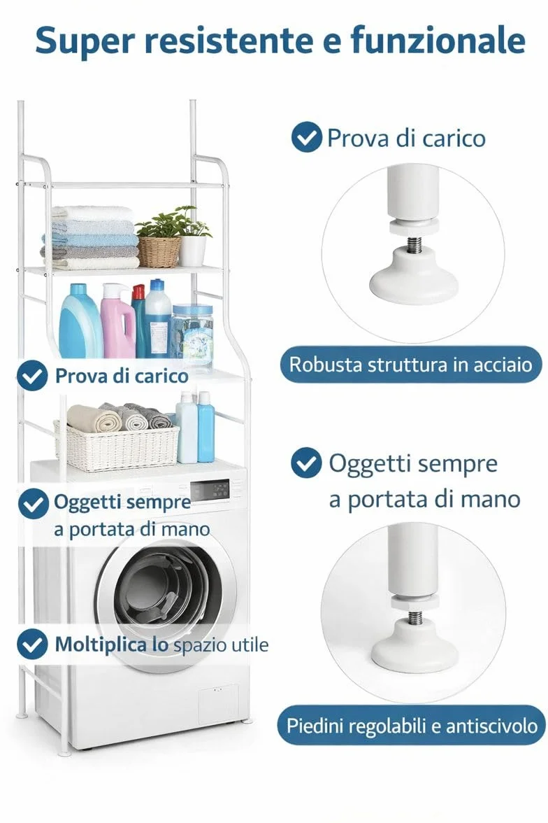 Scaffale Sopra Lavatrice in Metallo – Libreria Salvaspazio 3 Ripiani – Struttura Super Resistente – Piedini Antiscivolo – Organizer Lavanderia 65x25x160 cm – Bianco