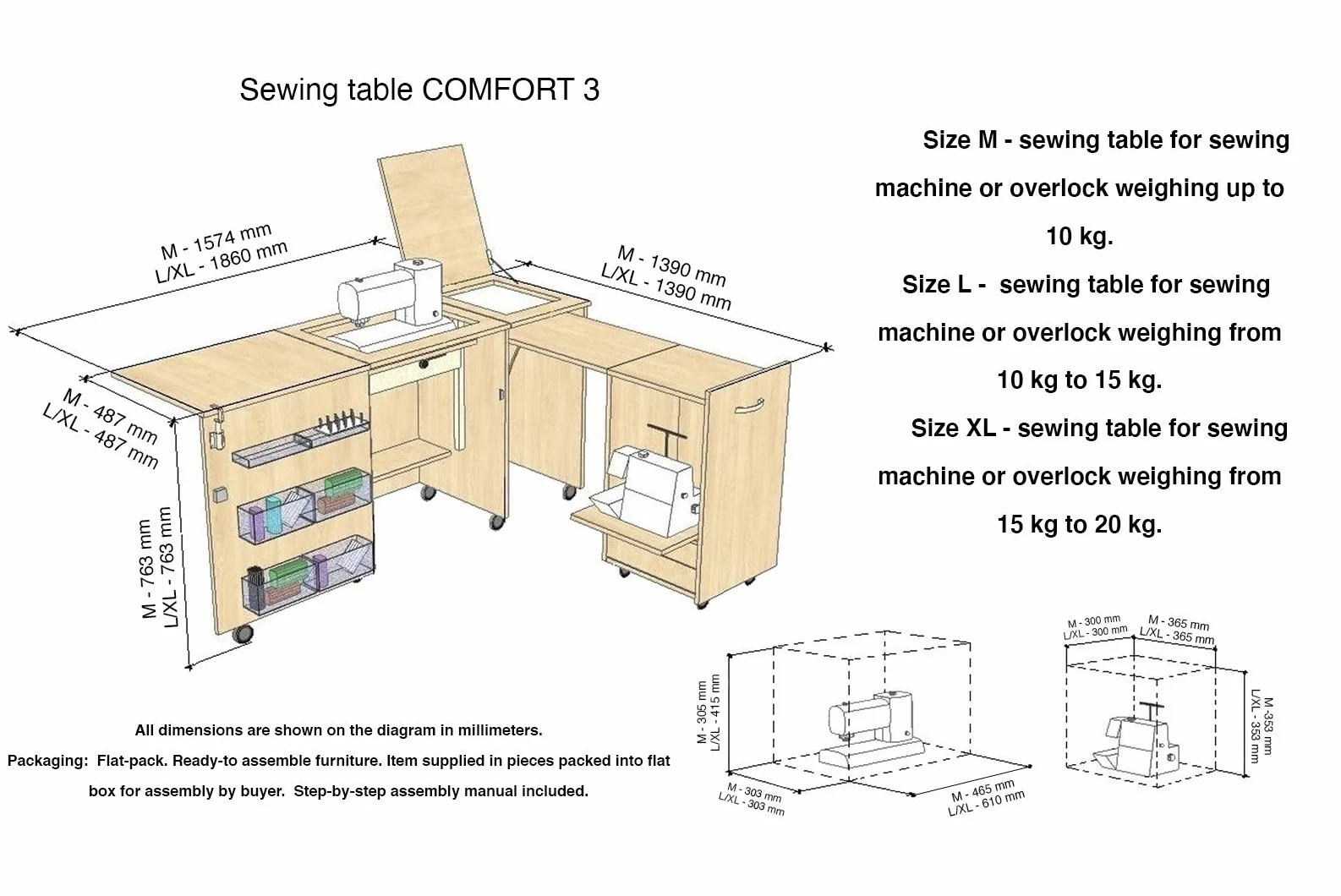 Comfort 3 | Mobiletto per Macchina da Cucire | (Lakeland Acacia Light, L (Air-Lift 10 to 15 kg))
