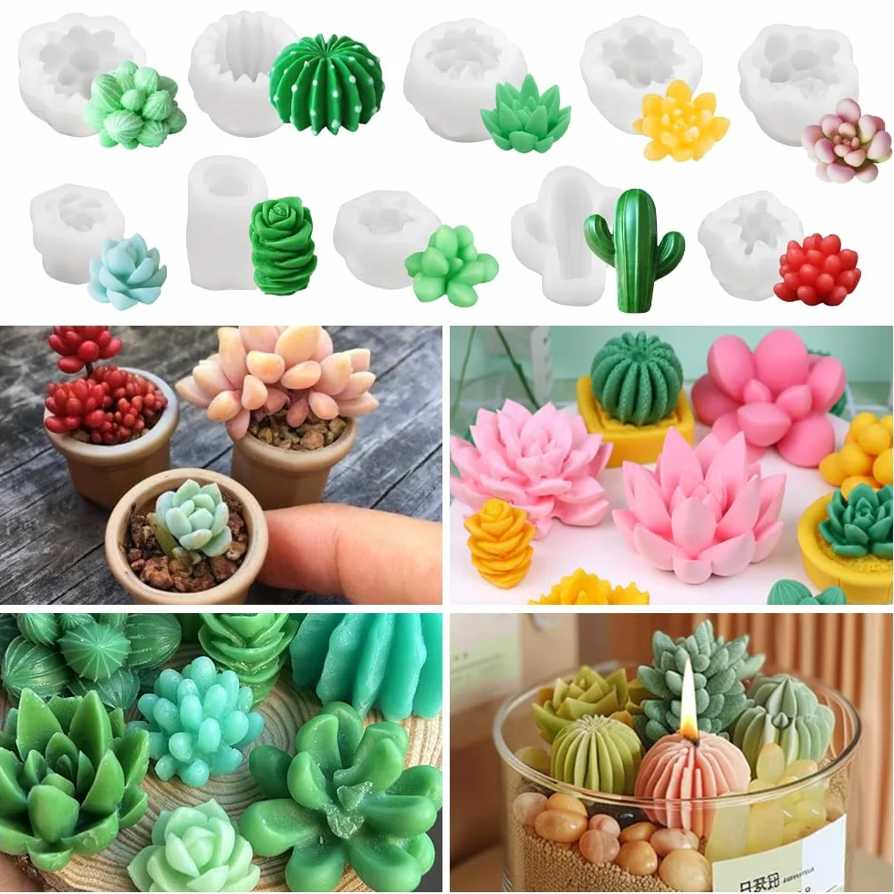 10 Pezzi Stampi in Silicone per Candele, Stampo in Silicone per Cactus Succulenti, 3D Stampo per Candele di Cactus, Stampi per Candele Fai Da Te per Candele Fatte a Mano, Stampi in Resina Epossidica