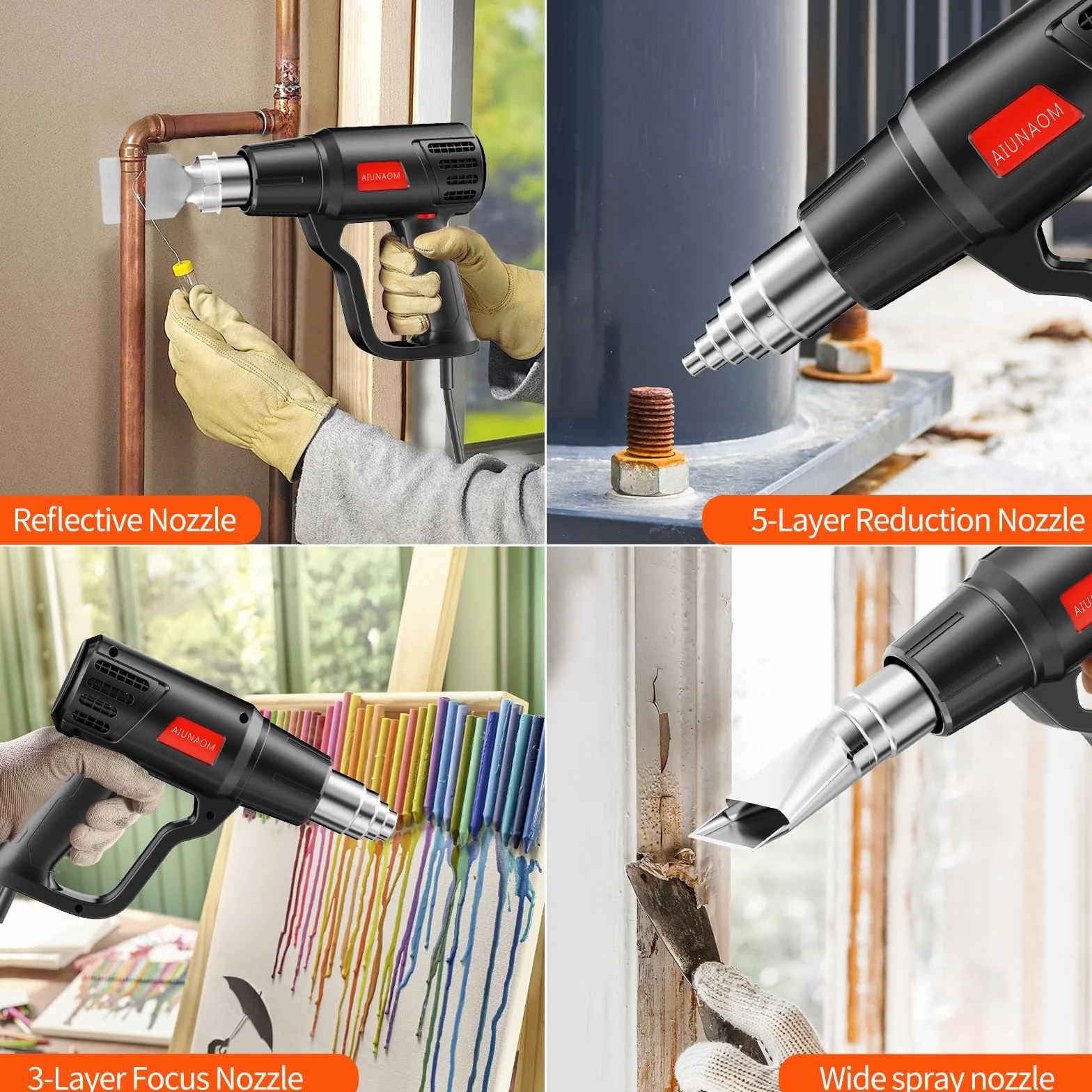 AIUNAOM Pistola ad Aria Calda 2000W Pistola Termica 50℃~650℃ Controllo di Temperatura Senza Livelli + 2 Velocità dell'aria Protezione da Sovraccarico Per Riscaldamento Saldatura e Sbrinamento