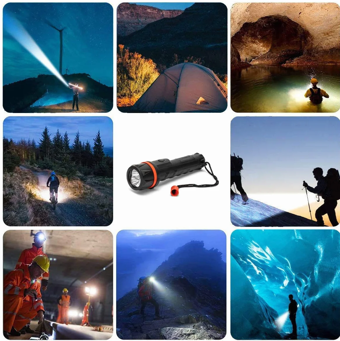 VELAMP - Torcia LED Potente Professionale Impermeabile, Super Luminosa 12 Lumen (Fascio 20 Metri) Campeggio, Outdoor e Emergenza a 2 Pile AA (non Incluse), Autonomia 30h, Manico Antiscivolo e Laccetto