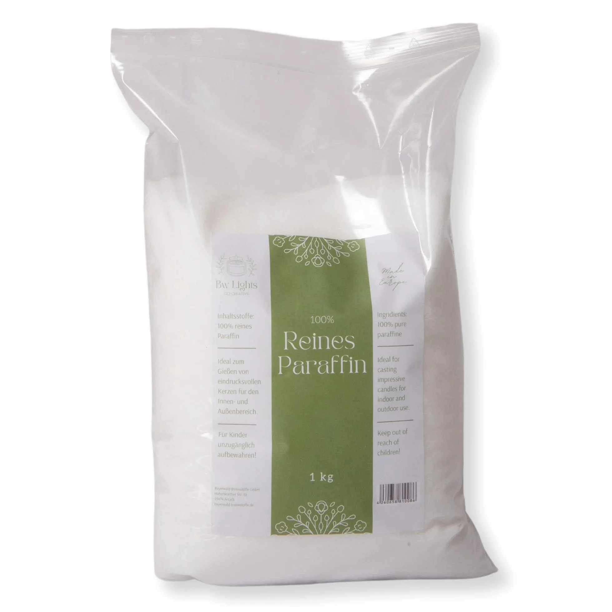 BwLights - Cera di paraffina di alta qualità in varie dimensioni (1 kg) di colore bianco | Pellet di cera da sciogliere per creare la tua candela | 100% paraffina