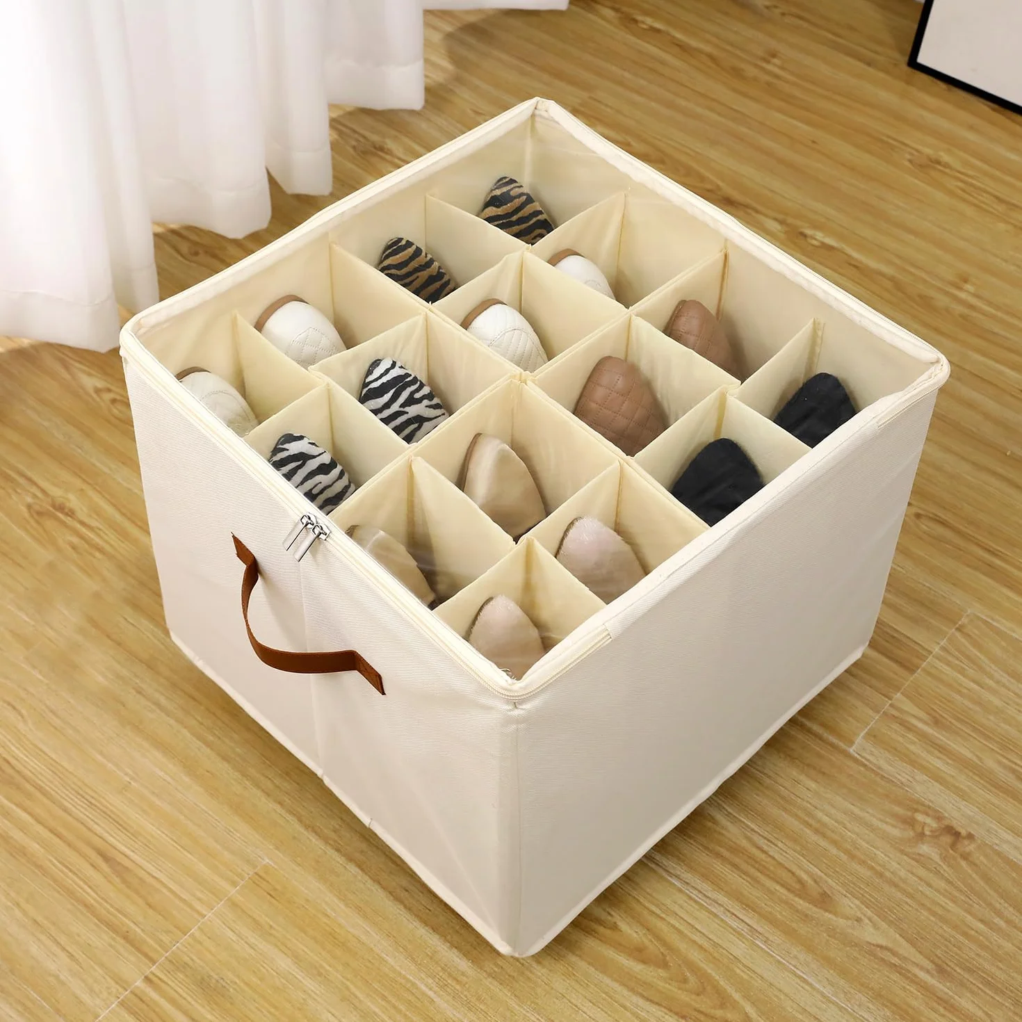 Organizer per Scarpe per 16 Paia, Grande Scatola per Scarpe Contenitore con Scomparti Regolabili, Pieghevole Risparmio Spazio Scatole per Scarpe (Beige)