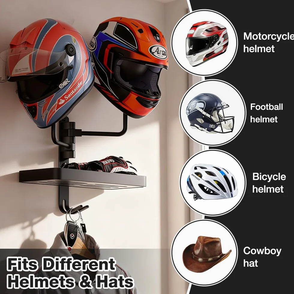 Appendi Casco Moto da Parete, Porta Casco Moto da Parete con 2 Sfere, Girevole Helmet Holder Gadget Motos per Caschi, Abbigliamento, Guanti