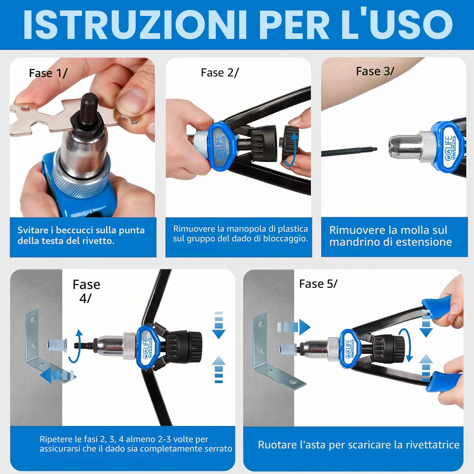 CCLIFE Rivettatrice Manuale per Inserti Filettati Set con Mandrini M5 M6 M8 M10 M12 150 Dadi Acciaio Inossidabile