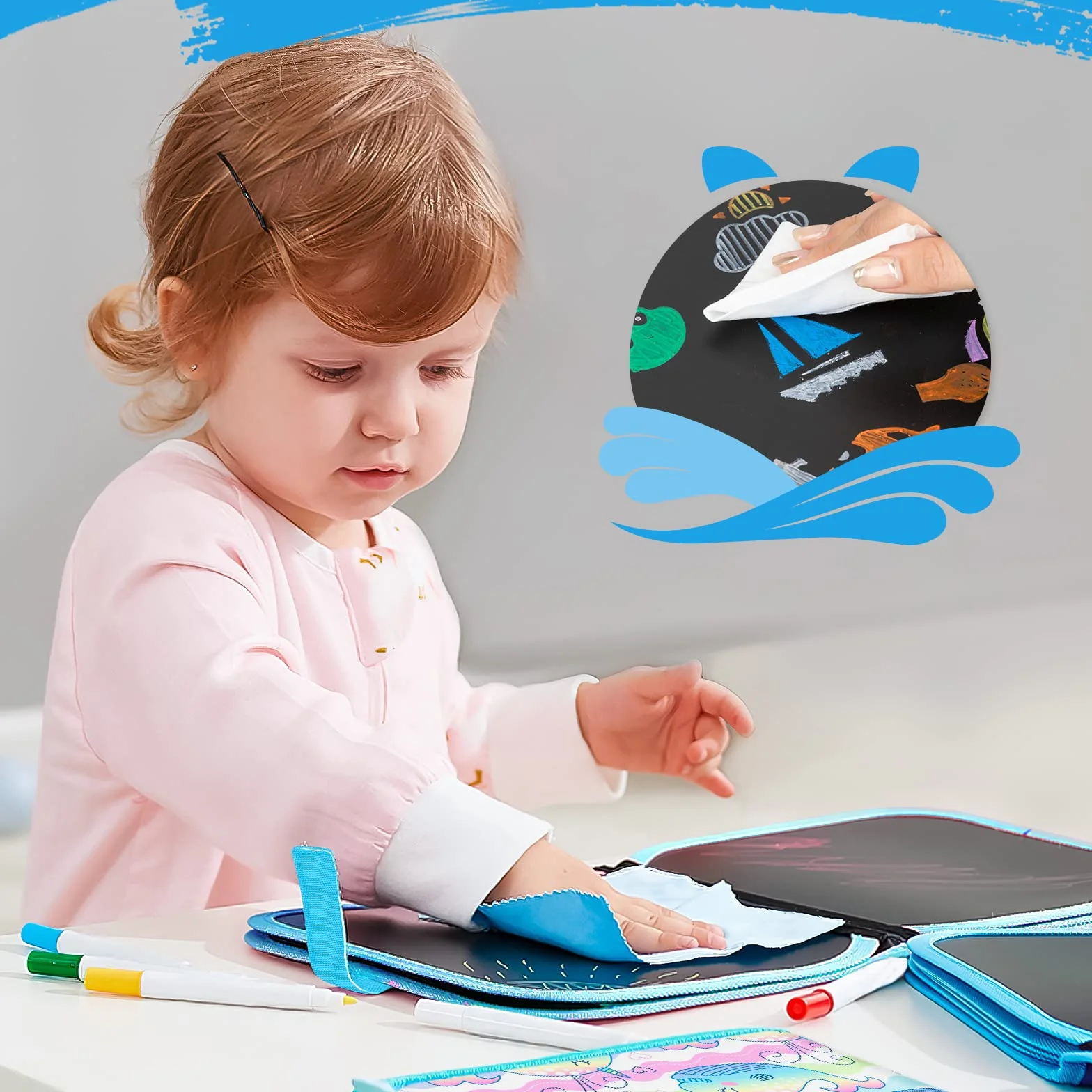 Doodle Giocattoli Portatile da Disegno per Bambini, Libro di Pittura Riutilizzabile 12 Penne Colorate Cancellabili 14 Pagine