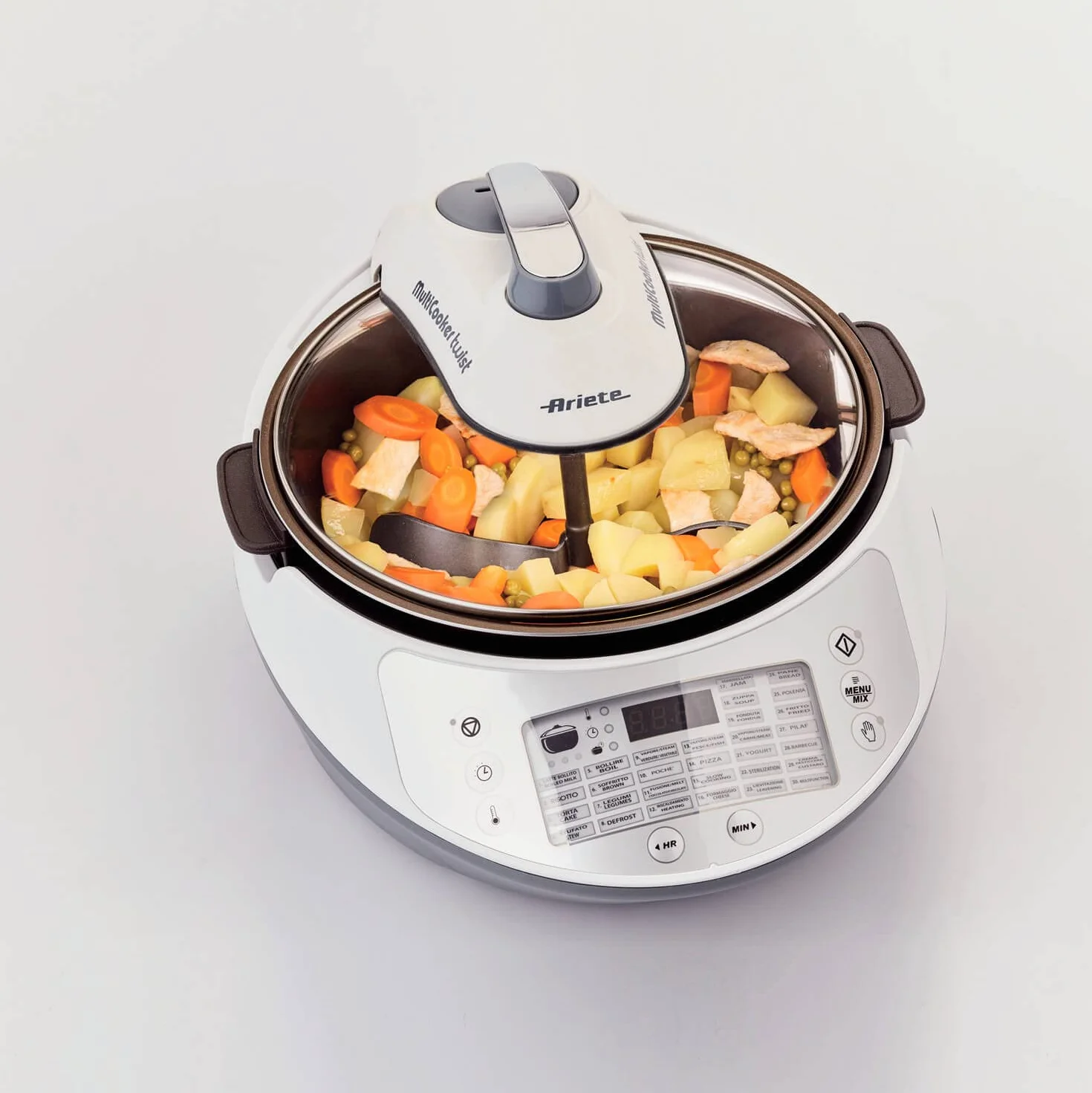 Ariete Multicooker Twist 2945, Macchina per Cucinare, Pentola Elettrica Multifunzione con 30 Programmi di Cottura Pre-Impostati, Display LCD, Capacità 5 L, 1900W, Bianco