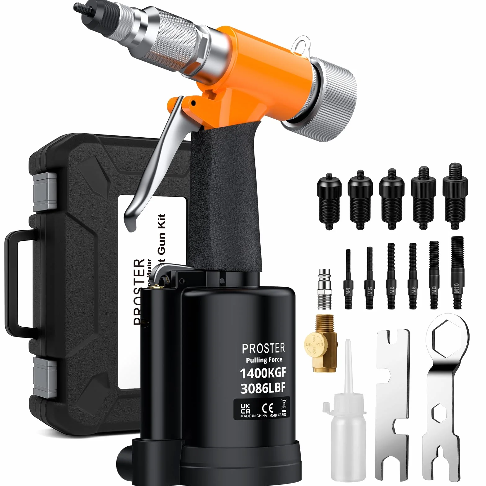 Proster Pistola Pneumatica per Rivetti Nut Set Rivet Nut con 5 Mandrini Metrici M4-M10 Forza di Trazione 1400KGF Valvola di Regolazione della Pressione Attrezzo per Fai da Te e Officina con Custodia