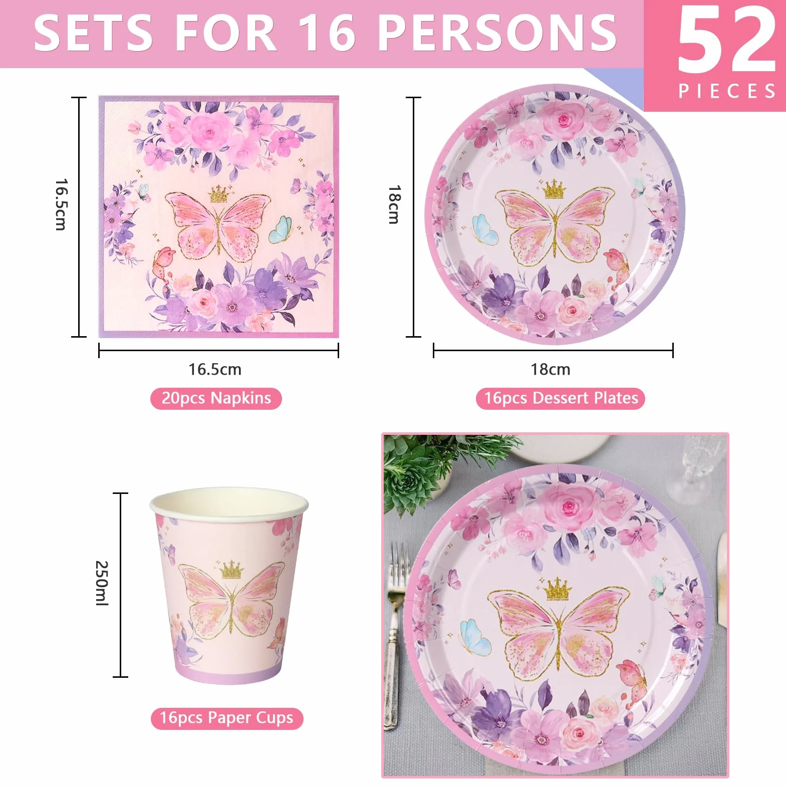 Set 52 pezzi tema farfalle lavanda piatti bicchieri tovaglioli decorazione compleanno motivi floreali 16 ospiti