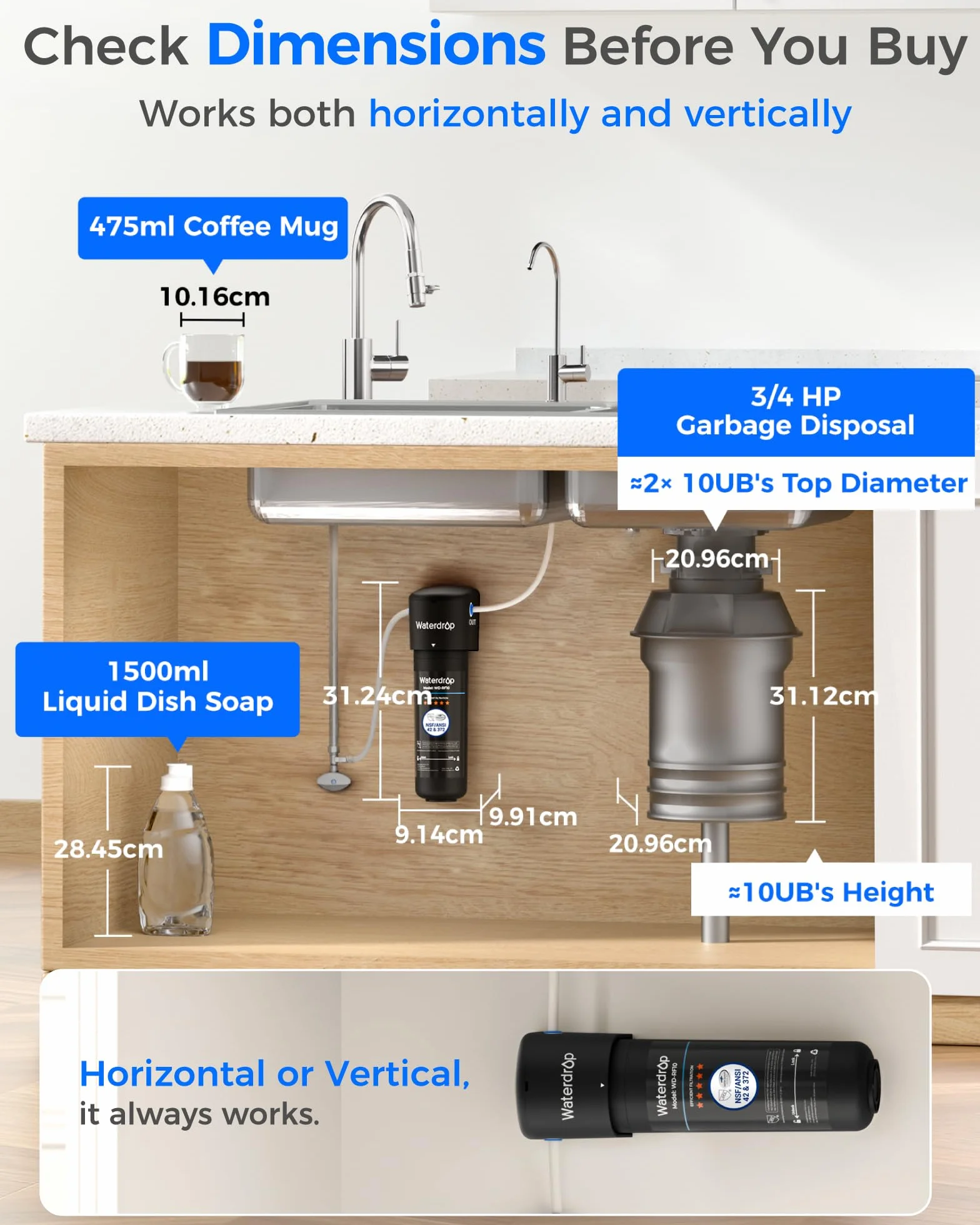 Waterdrop 10UB Filtro Acqua Sistema con Rubinetto Dedicato Goccia, Depuratore Acqua Domestico per 11000 Galloni, Certificato da NSF/ANSI 42, Rimuove 99.99% di Piombo, Cloro, Cattivo