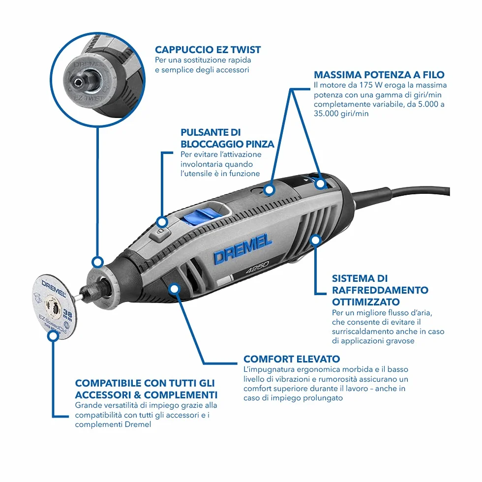 Dremel 4250 Multiutensile 175 W, Kit Multiutensile con 35 Accessori, Motore da 175 W con Electronic Feedback, Velocità Variabile 5.000-35.000 giri/min