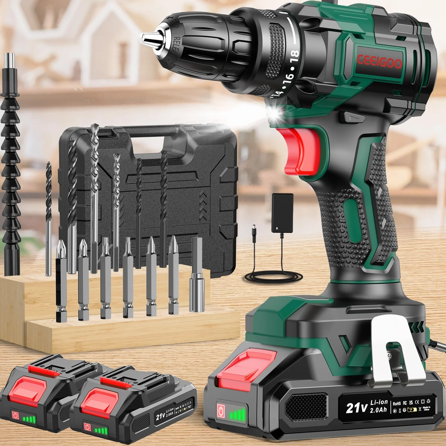 Trapano Avvitatore Batteria Brushless 21V, CEEIGOO Avvitatore a Batteria con 2 Batterie da 2.0Ah, 42N.m di Coppia, 2 Velocità, 18+1 Coppia, 14 Accessori, Luce a LED, Per il fai da te