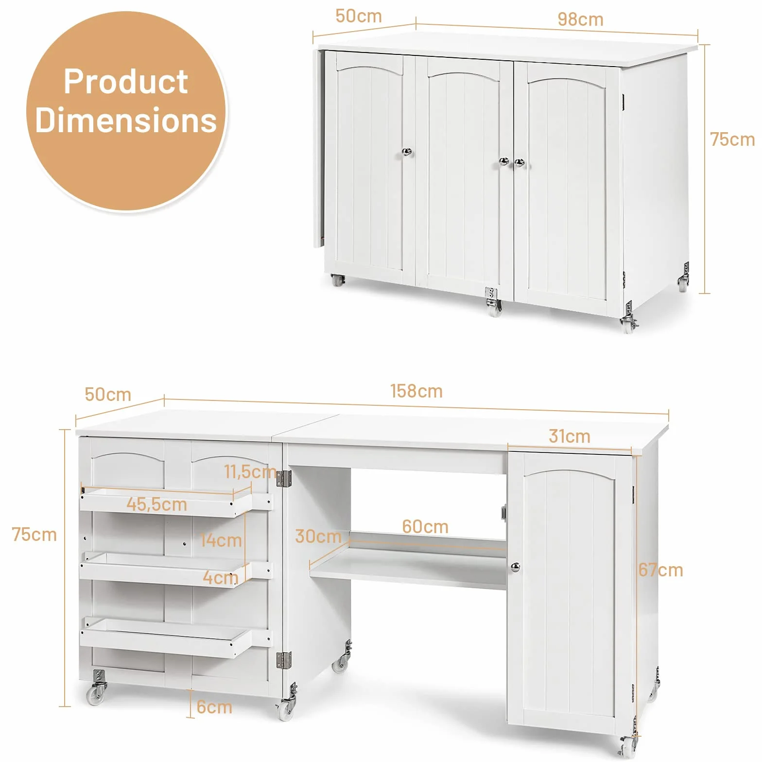 GIANTEX 2 in 1 Mobiletto Cucito, Tavolo Cucire Pieghevole, con 4 Ruote, Armadio Versatile in Legno, per Salone/Salotto/Ufficio, Carico di 55kg, 158,5x50x74cm (Bianco)